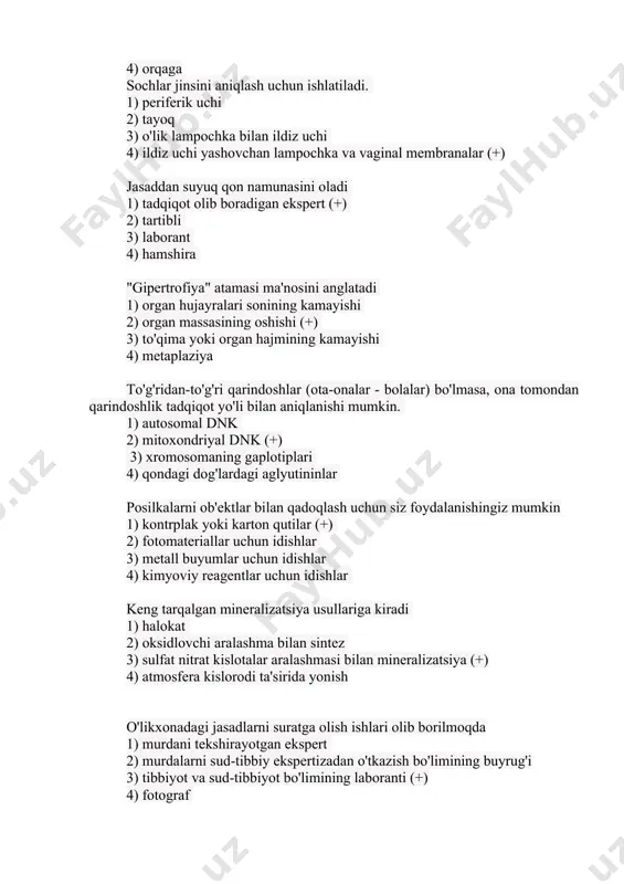 mavjudligi yordamida ko'rsatiladi 1) azur-eozin aralashmasi 2) ammiak 3) lugol eritmasi (+) 4) nikiforov aralashmasi kıkırdak to'qimalarining morfologik xususiyatlari 1) xondroblastlar mavjud emas 2) mineral tuzlar yo'q 3) organik moddalar mavjud emas 4) tarkibida xondrositlar (+) gistologik preparatlarni bo'yash maqsadida amalga oshiriladi 1) histomeditsina xavfsizligini ta'minlash 2) mikroskopning aniqligini oshirish 3) hujayra ichidagi tuzilmalarning alohida komponentlari 4) gistologik tuzilmalarning kontrastini ta'minlash (+) tuprik borligiga reaktsiya o'tkazilganda, u aniqlanadi 1) aminokislotalar serin 2) amilaza fermenti (+) 3) kislotali fosfataza fermenti 4) prostata beziga xos antigen infantitsid yangi tug'ilgan chaqaloqni o'ldirishni anglatadi. 1) ota 2) nisbiy 3) ona (+) 4) begona shaxs tomonidan xodimning kasbiy majburiyatlarini bajarishdan vaqtincha ozod qilishning haqiqiyligini tasdiqlovchi hujjat 1) vaqtinchalik mehnatga layoqatsizlik guvohnomasi (+) 2) tibbiy karta 3) snils 4) majburiy tibbiy sug'urta polisi sud-tibbiyot laboratoriyalarida bir martalik qoplarni almashtirish rejimlari 1) smenada kamida 1 marta (+) 2) haftada bir marta 3) kuniga 2 marta 4) har …