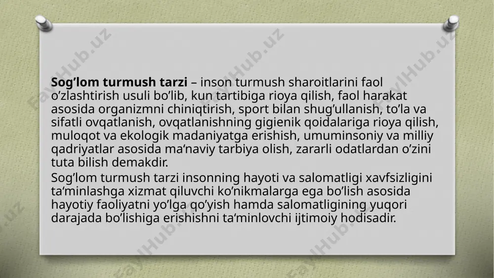 an voqea-hodisa va turli o’zgarishlarning ta‘siri ostida shakllanmoqda. o’zaro munosabatlarning o’zgarayotgani o’quvchilar ruhiyatiga ta‘sir etmoqda. natijada, ularda o’z taqdiri, oilasi, jamoasi uchun zarur bo’lgan aqliy, hissiy va erkiga oid xatti-harakatlar tanlash ma‘suliyatini oshirmoqda. ular natijasida yuzaga keladigan asabiy kasalliklarning oldini olish zarur. buning uchun esa eng avvalo, shaxsiy va ijtimoiy miqyosda sog’lom turmushni tashkil etish talab etiladi va sog’lom turmush tarzini shakllantirishning asosiy yo’nalishlari hamda amalga oshirish yo’llarin bilishi kerak. sog‘lom turmush tarzi kuyidagi komponetlarni uz ichiga oladi. 1. inson salomatligini saklash xamda mexnat kobiliyatini oshirishni taʼminlaydigan mexnat sharoitlarini tashkillashtirish ; 2. madaniy tadbirlarda faol ishtirok etish, sport va jismoniy tarbiya bilan shug‘ullanish, passiv dam olish shakillaridan voz kechish, psixologik kobiliyati ustida ishlash yaʼni autotrining, chekish va ichishdan voz kechish , ratsional ovkatlanish, shaxsiy gigiyena koidalariga amal kilish , oilada soglom muxitni tashkil etish va boshkalar; 3. mexnat jamoalarida oilada, shaxslar oro munosabatlarni shakillantirish, bemor va nogironlar bilan munosobatlarni shakillantirish; …