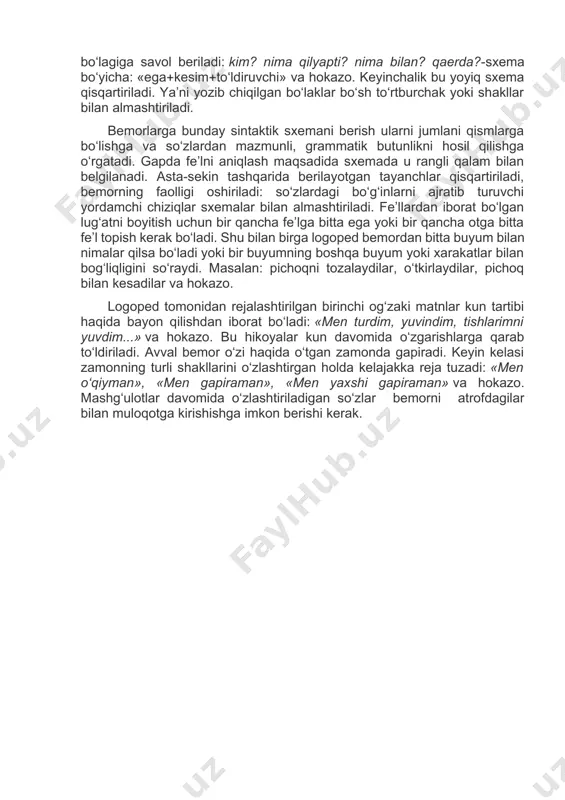 «u mashinada emas», «u uchmayapti, yuryapti». logoped predmetli rasmlar ko‘rsatib, bemorga yana hazil tarzida savollar beradi, o‘yin o‘tkazadi. bunda savollar predmetning nima uchun kerakligi, u bilan nima qilish mumkinligi, masalan yeyish (buning uchun yuvish, qaynatish kerakligi va hokazo), shu predmetning xususiyatlari haqida beriladi. efferent motor afaziyada fe’llarni to‘g‘ri tanlashga o‘rgatish uchun faqatgina iboralardan foydalanish yordam bermaydi. samarali natijaga erishish uchun logoped aniq ifodali pantomimolardan foydalanishi lozim. masalan, sodda syujetli rasm asosida logoped bemorga jumla tuzishga yordam beradi: «mana bu ayol bir bo‘lak gazlama olib, qiziga ko‘ylak...» (logoped aniq tikish paytidagi qo‘lning xarakatini ko‘rsatib beradi). «u qaychini olib, gazlamani... (logoped yana gazlamani qirqish paytidagi qo‘lning xarakatini ko‘rsatib beradi). xarakatni bunday jonli ko‘rsatib berish usuli bemorga kerakli fe’llarni topishlarini osonlashtiradi. keyin logoped bir ko‘rinishdagi jumlani turli so‘zlarbilan tugatish vazifasini beradi. masalan: men nonushtaga (murabbo, non, qaymoq va hokazo) yedim. men...(shifokorni, yaqin do‘stimni, kenja qizimni) kutyapman. beriladigan vazifalar rasmga tayangan holda o‘tkaziladi (bemor …