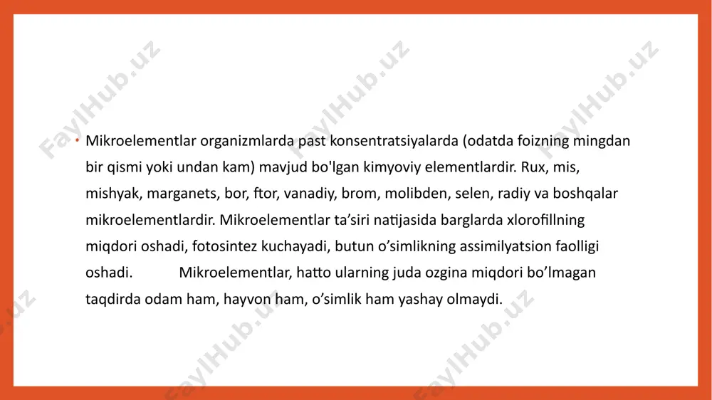 shmasligi bilan o'simliklar kamroq intensiv nafas oladi va nitratlardan azot manbai sifatida foydalana olmaydi. u sitozolik izotsitrat degidrogenazani faollashtiradi, bu mitoxondriyadan ajralib chiqqan izotsitratning sitozolga oksoglutaratga aylanishini katalizlaydi, keyinchalik u xloroplastlarda azotni assimilyatsiya qilishda ishlatiladi. marganets magniy bilan birgalikda malik fermentini, aromatik aminokislotalar hosil bo'lishiga olib keladigan hikimat yo'lining bir nechta fermentlarini va superoksid dismutazani faollashtiradi. marganets suvning fotooksidlanishida ishtirok etadi va xloroplastlarning tuzilishini saqlash uchun zarurdir. shuningdek, u o'sishni gormonal tartibga solish uchun muhim bo'lgan xloroplast pnk polimerazalarini, fitogormonlardan birining oksidlanishida ishtirok etadigan fermentlarni, indol va sirka kislotasini (iaa) faollashtiradi. marganets yetishmasligi marganets etishmasligi bilan temir faol, ammo o'simlik uchun toksik bo'lgan oksidli shaklga va ortiqcha bo'lsa, faol bo'lmagan oksid shakliga o'tadi. tuproqlarda marganes ko’pligiga qaramay uning o’zlashtiriladigan qismi oz bo’lishi mumkin. bu ayniqsa neytral va ishqoriy reaksiyalarga ega tuproqlarda kuzatiladi. marganes etmaganda barg tomirlari o’rtasida sariq dog’lar va xloroz hosil bo’ladi, g’allasimonlar, kartoshka, lavlagi va boshqalar tez zararlanadi.marganesning …