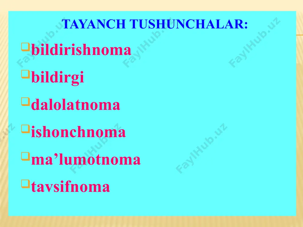 ri: 1. bildirishnoma yo‘llangan rahbarning lavozimi, ismi, ota ismining bosh harflari, jo‘nalish kelishigidagi familiyasi. 2. bildirishnoma tayyorlagan shaxsning lavozimi, ismi, ota ismining bosh harflari, chiqish kelishigidagi familiyasi. 3. matn sarlavhasi. 4. hujjat nomi (bildirishnoma). 5. bildirishnoma matni. 6. qancha varaqligi ko‘rsatilgan ilovalar ro‘yxati (bor bo‘lsa). 7. bildirishnoma tayyorlovchi xodim yoki rahbarning imzosi (agar bir necha shaxs tomonidan tayyorlangan bo‘lsa, barcha mualliflar tomonidan imzolanadi). 8. bildirishnoma taqdim etilgan sana (imzolanayotgan paytda qo‘yiladi). bildirishnoma psixologiya kafedrasining quyidagi professor-o‘qituvchilari scopus bazasidagi xorijiy ilmiy jurnalda maqolalari chop etilgan: murotmusayev komiljon boʻriboyevich, yuldashev sheryigit ergashevich, shovxiyev luqmoniddin boynazar oʻgʻli. sizdan kafedraning ushbu professor-oʻqituvchilarini filialining 2022-yil 1-fevraldagi 29-af-son buyrug‘i 2.3-bandi bo‘yicha rag‘batlantirishingizni so‘rayman. psixologiya kafedrasi mudiri d.alibekov 2022.25.05. mirzo ulug‘bek nomidagi o‘zbekiston milliy universitetining jizzax filiali direktori o.x.turakulovga psixologiya kafedrasi mudiri d.a.alibekovdan bildirgi ishga tushganlik, muayyan vazifani bajarganlik haqida mansabdor shaxs nomiga yoziladigan qisqa axborot beruvchi rasmiy hujjat. ijtimoiy faoliyatda bildirgi keng qo‘llaniladi. mehnat ta’tilidan, turli …