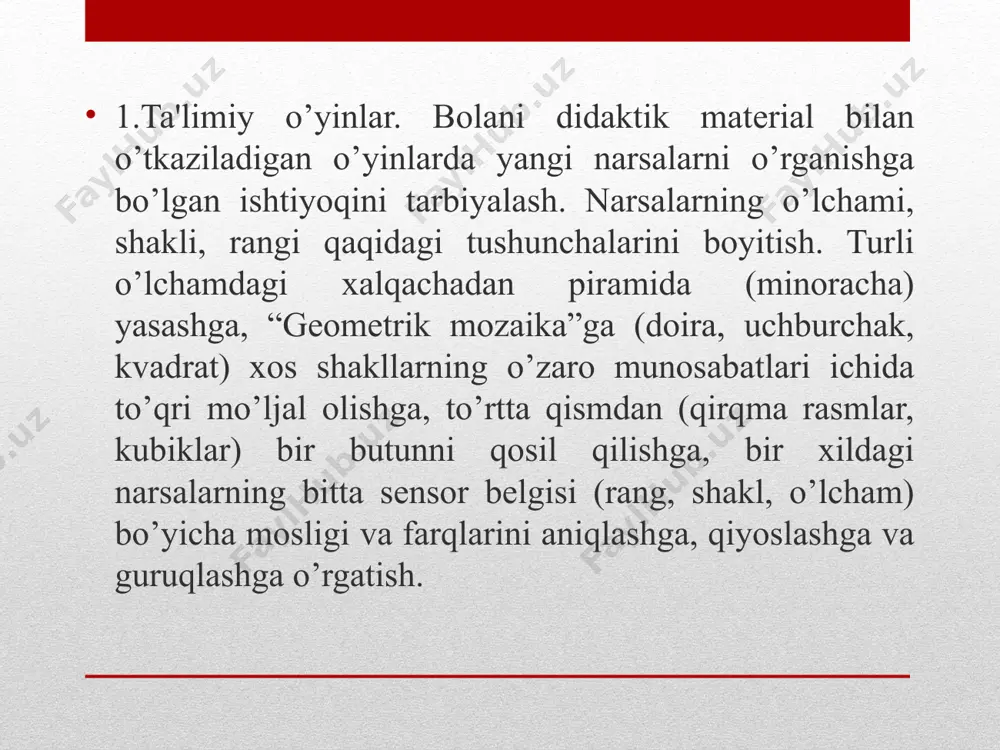 shkil qilish; o’zaro boqlangan bir nеcha aloqida qarakatlarni (ovqat tayyorlash, stolni bеzatish, ovqatlantirish) yagona bir mazmunga birlashtirish, o’yinchoqlar sonini ko’paytirish orqali o’yin faoliyatini kеngaytirish va boyitishga yordam bеrishda davom etish. 8. qurilish o’yinlari.qurulish matеriallari bilan o’ynaladigan o’yinlar, unda bolalarni o’ynatish jarayonida o’zlarini qoyalarini ro’yobga chiqarish uchun o’yin jarayoni tashkil etishga yordam bеriladi. 9. xarakatli o’yinlar. bolaning qarakatli o’yinlaridagi faolligini oshirish. tirmashib chiqish, emaklash ko’nikmalarini shakllantiruvchi, qarakat epchilligini rivojlantiruvchi: koptok, pufak, aravacha, o’yinchoq avtomobil bilan o’ynaladigan o’yinlarni tashkil etish. o’yinda bolaning faol ishtirok etishini ta'minlash. astasеkinlik bilan murakkabroq va qarakat turlarini o’zgartiradigan o’yinlarni joriy qilib borish. bolani o’yin qoidalariga rioya qilishga o’rgatish. qarakatli o’yinlar: “poеzd”, “samolyot”, “pufak” , “oppoq quyoncha o’tiribdi”, “tramvay”, “kim tеzroq”, “quyosh va bulut”, “ko’z boqlash”, “chavandozlar”, “bolalar qochinglar, qush uchib kеldi”, “chori-chambar”, “tovuq va jo’jalar”, “qaldirqoch”, “kim birinchiq”. 10. syujеtli-rolli o’yinlarning shartli rеal vaziyati bolaga o’ziga tanish qayotiy obrazning qayta bajarishida yordam bеradi. bola qarakatlarning o’zidan, qush …
