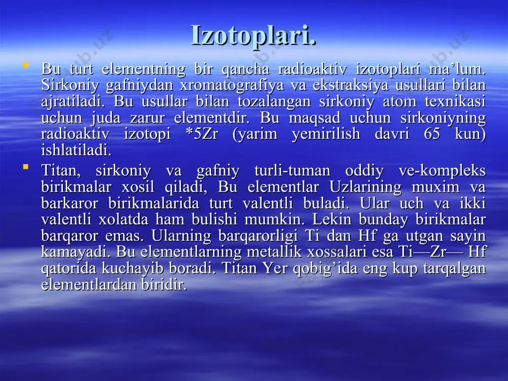 uvo-fik keladigan giroksidlari e(0n)4 ni es14 ga naoh eritmasidan kushib xrsil kilish mumkin: es14 + 4naoh -» e(on)4 + 4nacl e(on)4 lar [ti(oh)4, zr(oh)„, hf(oh)>ap amfoter moddalar bulib, ti(oh)4 dan zr(oh)4 va hf(oh)4ra utgan sari asoslik xossalari bir oz kuchayadi. e(on)4 larning kislotalik xossalari nixryatda kuch-siz ifodalanganligi sababli, ular konsentrlangan ishkrr eritmalari bilan reaksiyaga kirishmaydi. ularni ish-korlar bilan sizdirib suyuklantirilsa, titanat, sir-konat va gafnat nomli tuzlar xrsil buladi. ularning ikki xili ma’lum, masalan: na4zr04 — natriy ortotsirkonat va na4zr03— natriy metaiirkonat; vatyu, — bariy meta-titanat. e(on)4lar kuchli kislota eritmalari bilan reaksiyaga kirishib ti(s04)2, zr(n03)4 va xrkazo tuzlar xrsil kila oladi. oksidlanish darajasi +3 bulgan titan bekaror bulib, kuchli kaytaruvchidir, masalan, xavoda kuiidagi reaksiya sodir buladi: 4ti(oh)3 + 02 +■ 4n20 -> 4ti(oh)4 + 2hjo oksidlanish darajasi +2 bulgan titan yanada bekaror va nixryatda kuchli .kaytaruvchi: 2tyu +3h2s04 -» ti2(so„), + n2 + 2n20 titan oksidlari katorida metall boglanish bilan ion-kovalent …
