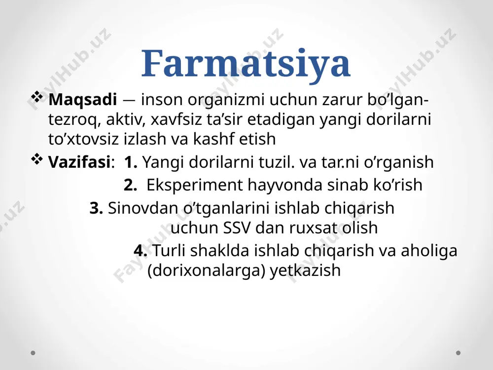 gradientga qarshi membrana transportining eng tez turi 19 5. pinotsitoz endotsitozning bir turi erigan holdagi yirik o’lchamli molekulalar so’riladi hujayra membranasini invaginatsiyasi hisobiga vezikula hosil bo’ladi vezikula sitoplazma bo’ylab migratsiya qiladi, qarama-qarshi tomonda ekzotsitoz yo’li bilan tashqariga chiqariladi absorbsiyaga ta’sir qilvchi omillar so’rilish sohasidagi eruvchanlik konsentratsiya qon oqimi (m: muskulda>teriostida) so’rilish yuzasi (m: ingichka ichak>oshqozon) kontakt vaqti ph biodostuplik biodostuplik – moddaning umumiy qon oqimiga o’zgarishsiz tushgan miqdorining organizmga kiritilgan miqdoriga nisbatan foizlardagi ifodasi bir xil biodostuplikka ega ikkita dori moddaning umumiy qon oqimiga tushish tezligi har xil bo’lishi mumkin bioekvivalentlik – ikkita dori moddaning biodostupligi va umumiy qon oqimiga tushish tezligini bir xilligini anglatadi ii. taqsimlanish -dori moddalar organizmda notekis taqsimlanadi -dori moddalar qon oqimiga,umuman organizmga tushgandan so’ng tashuvchi oqsillar yordamida ,,nishon’’ organga yetib boradi va taqsimlanadi -bunda dori moddalar ,,nishon “ organga borgunga qadar o’z yo’lida uchraydigan boshqa to’qima va organlarga ta’sir ko’rsatmasligi kerak! -buni esa quyidagi 2 …