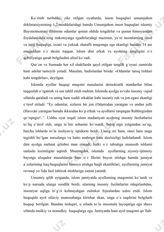 iyosiy-ijtimoiy hayotga aloqador masalalarda ham o`z fikrini bayon etishga hamda jamiyat a`zolarining haq-huquqlarini himoya etishga haqli ekanliklari, ayollarning jamiyat ravnaqi yo`lida faol ishtirok etishlariga zamin yaratdi. umumiy qilib aytganda, islom jamiyatda ayollarning maqomini ko`tardi va ko`p narsada ularga ozodlik berdi, ularning insoniy fazilatlarini tahqirlashdan, insoniyat aqliga to`g`ri kelmaydigan zulmkor fojealardan xalos etidi. islom huquqida ayol oilaviy munosabatga kirishar ekan, unga o`z taqdirini belgilash huquqi berilgan. bundan tashqari, u oilada to`la muomala layoqatiga ega shaxs sifatida mulkiy va nomulkiy huquqlarga ega. jamiyatda ham ayol maqomi qo`llab-quvvatlanib, uning tabiiy, ijtimoiy va siyosiy huquqlari ta`minlandi. islom ayollarga rahm-shafqat, mehr ko`rsatish bilan uning maqomini ko`tardi va baxtli hayot kechirishi uchun muqaddas qonunlarni joriy etdi. ushbu qonunlarning bajarilishi qur`on oyatlari va payg`ambarimiz (s.a.v.) hadislari orqali mustahkamlandi. islom huquqida oilaviy munosabatlar «shaxsiy maqom huquqi»ning bir qancha institutlari bilan tartibga solinadi. «shaxsiy maqom huquqi» shakli va mazmuni tadrijiy rivojlanishining asosiy yo`nalishi xix asr oxirida boshlangan islom huquqi …