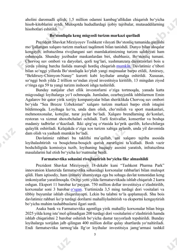 ekin ekmagan aholiga yerini boshqasiga ikkilamchi ijaraga berish haqida majburiy talabnoma kiritiladi. kelasi yil taqsimlanadigan 100 ming gektar yer ham shu tartibda ajratiladi. 60 ta ilg‘or shahar-tuman ishsizlik va kambag‘allikdan xoli bo‘lish imkoniyatiga ega. buning uchun kelgusi yilda ulardagi 2 million aholini band qilib, 417 mingta oilani kambag‘allikdan olib chiqish zarurligi qayd etildi. bu maqsadlarga erishish uchun banklar moliyaviy mustahkam bo‘lishi kerak. shu bois faqat davlat beradigan pulga bog‘lanib qolmasdan, tashqi manbalardan 6 milliard dollar jalb qilish muhimligi ta’kidlandi. shuningdek, kelasi yili aholi omonatlarini 11 milliard dollarga yetkazish vazifasi qo‘yildi. huquqiy asos yaratilgani uchun bu yil 5,5 trillion so‘mlik mikromoliya va faktoring xizmatlari ko‘rsatilgan. bu asosdan foydalanib, endi davlat banklari ham o‘zining mikromoliya va faktoring kompaniyasini ochishi, unga xorijiy investorlarni jalb qilishi mumkin. yig‘ilishda banklar oldidagi muammolar ham tahlil qilinib, hal qilish choralari ko‘rildi. masalan, banklar balansida 3 mingta harakatsiz mulk bor. ular sotilsa, qo‘shimcha resurs va 150 mingta ish …