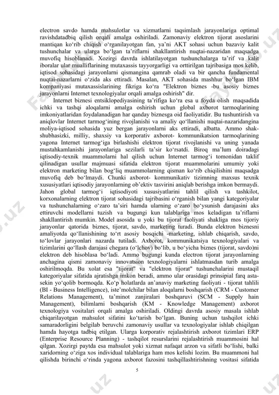 mos kelishi lozim. bu muammoni hal qilishda birinchi o‘rinda yagona axborot fazosini tashqillashtirishning vositasi sifatida internet global tizimi namoyon bo‘ladi. internet tarmog‘i ishlab chiqaruvchilarga ko‘p sonli iste’molchilar va ularning har xil talablarini qondirish imkoniyatini yaratdi hamda potentsial mijozlarga o‘z buyurtmalarini korxonani boshqarish tizimiga individual ravishda kiritishga imkon yaratdi. ushbu unikal holat csrp (customer synchronized resource planning) - ya’ni, xaridor bilan o‘zaro ta’sir doirasida resurslarni rejalashtirish standartiga asoslangan boshqarish tizimi rivojlanishining yangi bosqichiga olib keldi. demak, elektron biznesning yangi shakli sifatida o‘z tijorat jarayonlarini rivojlangan ichki va tashqi dasturiy-texnik infrastrukturasi bilan standartlashtirilgan tuzilmali korxona va tashqilotlar asosida shakllana boshladi. boshlang‘ich iqtisodiy o‘sish, yuqori texnikaviy yangilikka intilish xaridorning katta ehtiyoji bilan bevosita bog‘liq. elektron tijoratni yuzaga kelishi va boshlang‘ich talab va ehtiyojni qondirilishi bilan bir vaqtda ilk noxush holatlar yuzaga kela boshladi. bunga asosiy sababi, xizmat ko‘rsatish sifatining mos kelmasligi hamda infrastruktura tizimining past darajadaligi bilan bog‘liq. o‘zaro hisob–kitob va mahsulotni yetkazib …