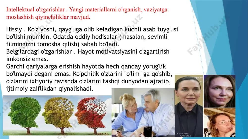 temasi kuchsizlanadi, ma’lumotlarni qabul qilish (xotira) va ularni qayta ishlash, mohiyatini anglash (tafakkur), u yoki bu holatlarga nigohini to‘plash va unda muayyan muddat tutib turish (diqqat) qiyinlashadi... irodaning kuchsizlanishi og‘riq sezgilariga nisbatan bardoshlilik tuyg‘usini yemira boshlaydi. natijada tashqi ta’sirni qabul qilishda diqqatni saralash xususiyati o‘z ahamiyatini yo‘qotib borishi sababli qari odam bola tabiatli arazchan, ko‘ngli bo‘sh, hissiyotga beriluvchan xarakterli bo‘lib qoladi. shuning uchun ular bilan muloqotga kirishishda mazkur shaxsning sifatlarini hisobga olish maqsadga muvofiqdir. xotiraning zaiflashuvi qariyalarda xayolparastlik illatini keltirib chiqaradi, ko‘pincha esda olib qolish, esda saqlash va esga tushirish o‘rtasida ko‘pgina sabablarga ko‘ra nomutanosiblik tug‘iladi, nati­jada unutish jarayoni kuchayadi. diqqatni muayyan ob’ektga to‘play olmaslik oqibatida biron faoliyat turi ustida uzoq mashg‘ul bo‘la olmaslik vujudga ke­ladi. narsa va jismlarni noto‘g‘ri idrok qilish, ya’ni illyuziyalar ko‘proq o‘rin egallaydi. monokulyar va binokulyar ko‘rishda xilma-xillik yuzaga keladi. xarak­ter xislatlarida chekinish, hadiksirash, ishonchsizlik hislari yetakchi rol o‘ynay boshlaydi. psixologlardan i.baylash va d.zabeklar keksa­larda xotira, …
