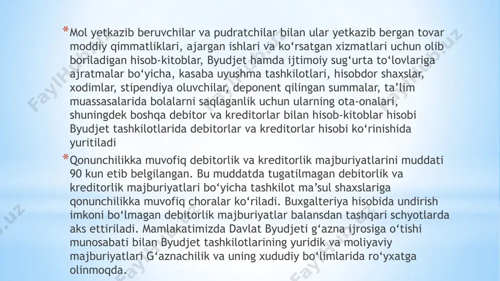 armasi mablag‘i hisobidan)” va xokazo. byudjet tashkilotlari belgilangan tartibda mol yetkazib beruvchi va pudratchilar bilan tuzilgan shartnomalarni ro‘yxatdan o‘tkazish uchun g‘aznachilik bo‘limlariga taqdim etadi. belgilangan tartibga muvofiq byudjet tashkilotlarining mahsulot yetkazib beruvchilar bilan tuzgan shartnomalari majburiy tartibda ularning yuridik xizmatlari (shartnoma asosida jalb qilingan advokatlar) tomonidan qonun hujjatlariga muvofiqligiga tekshirilishi shart. 3.to‘lovlarning maxsus turlariga doir hisob-kitoblar bolalarni maktabgacha ta’lim muassasalarida (bolalar bog‘chalari va yaslilarda) saqlanganligi, bolalarni musiqa va san’at maktablarida o‘qitilganligi, tarbiyalanuvchilarni maktab-internatlarda va boshqa ta’lim muassasalarida saqlanganligi uchun ota-onalar bilan olib boriladigan hisob-kitoblar, ish joyida ovqat bilan ta’minlanganligi uchun xodimlar bilan olib boriladigan hisob-kitoblar va boshqa shu kabilar bo‘yicha to‘lovlarning maxsus turlariga doir hisob-kitoblaramalga oshiriladi. bolalarni maktabgacha ta’lim muassasalarida saqlanganligi uchun ota-onalar bilan olib boriladigan hisob-kitoblar bo‘yicha pul hisoblab yozish bolalarning bog‘chaga kelishi hisobi olib boriladigan 305-son shakldagi bolalarning davomat hisobi bo‘yicha tabel asosida haqiqiy qatnagan kunlariga muvofiq amalga oshiriladi. to‘lovlar bevosita maktabgacha ta’lim muassasalariga to‘langanda ota-onalarga to‘langanlik haqidagi …