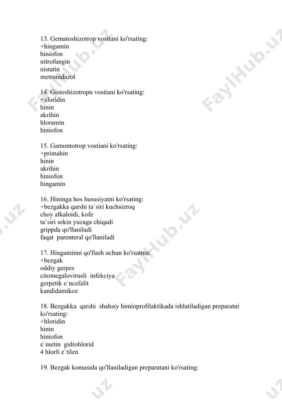 tuitrin tiroksin kalsitonin 31. intermidinni qo'llash uchun ko'rsatma: +gemeralopiya miksedema kretinizm kaxeksiya spazmofiliya 32. gipofizning orqa bo'lagi gormonini ko'rsating: +oksitosin tirotropin prolaktin kalsitonin intermedin 33. qandsiz diabetta qo'llaniladigan preparatni ko'rsating: +vazopressin oksitocin deksametazon insulin metformin 34. qalqonsimon bez gormonini ko'rsating: +kalsitonin oksitosin vazopressin intermedin paratgormon 35. kretinizm va miksedemada qo'llaniladigan tireoid gormon preparatini ko'rsating: +tireoidin merkazolil kaliy perxlorat pituitrin radioaktiv yod 36. tireoidinni qo'llash uchun ko'rsatma: +kretinizm kaxeksiya gipertireoidizm gipoparatireoidizm spazmofiliya 37. tiroksinni qo'llash uchun ko'rsatma: +miksedema gipertireoidizm kaxeksiya qandli diabet qandsiz diabet 38. antitireoid vositani ko'rsating: +kaliy perxlorat triyodtironin gidroxlorid tireoidin pituitrin retabolil 39. qalqonsimon bez follikulalar hujayralarini emiruvchi antitireoid vositani ko'rsating: +yod merkazolil kaliyperhlorat diyodtirozin tireoidin 40. gipofiz oldingi bo'lagi tireotrop gormoni hosil bo'lishini kamaytiruvchi antiteroid vositani ko'rsating: +diyodtirozin merkazolil kaliy perhlorat radioaktiv yod tiroksin 41. qalqonsimon bezda tireoid gormonlar hosil bu'lishini kamaytiruvchi antitireoid vositani ko'rsating: +merkazolil kaliy perxlorat radioaktiv yod yod triyodtironin 42. kalsitoninni qo'llash uchun ko'rsatma …