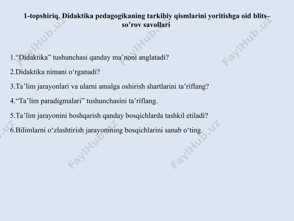 aktikaning predmeti sifatida o‘rgatish (o‘qituvchi faoliyati) va o‘rganish (o‘quvchilarning bilish faoliyati), ularning o‘zaro harakati aks etadi. amaliy topshiriq. didaktikaning asosiy kategoriyalari quyidagilardan iborat: o‘rgatish, o‘rganish, o‘qitish, ta’lim, bilim, ko‘nikma, malaka, kompetensiya, maqsad, mazmun, tashkil etish, shakl, metod, vosita, natija. * e’tiboringiz uchun rahmat! shakl