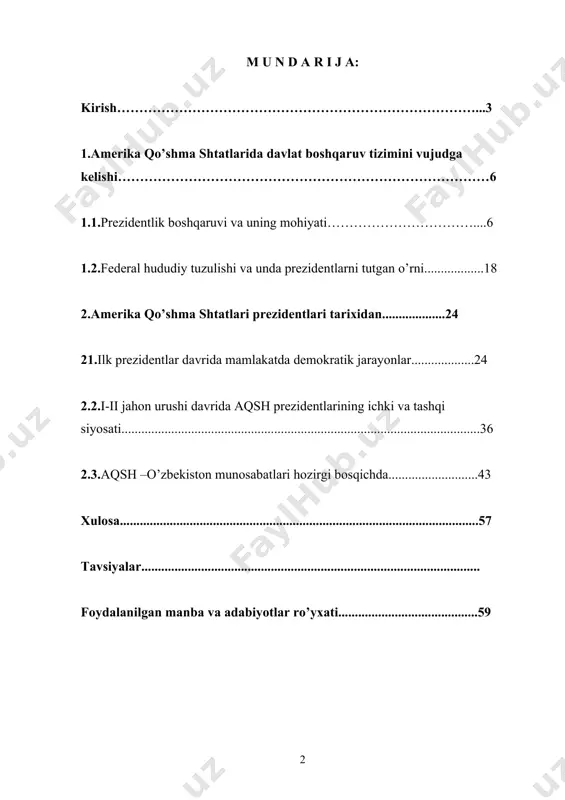 shida eng muhim manba hisoblanadi. ikkinchidan:”aqsh konistitutsiyasi” mamlakatning huquqiy asoslarini mustahkamlshda asosiy rol uynagan: uchinchidan: jahon iqtisodiy inqirozi davrida aqsh ning iqtisodiy rivojlanishi muhim ahamiyat kasb etadi. to`rtinchidan: i-ii jahon urushi davrida aqsh prezidentlarining ichki va tashqi siyosatdagi roli va o`rni muhim rol o`ynaydi: beshinchidan: 1945-2010 yillarda aqsh prezidantlari va ularning davlat boshqaruvi hamda xalqaro siyosiy maydonda tutgan mavqeyi jahon hamjamiyatini aqshga bo`lgan munosabatini kuchayishida asosiy manba bo`lib xizmat qildi. bitiruv – malakaviy ishning maqsad va vazifalari. mazkur ishning maqsadi amerika qushma shtatlarining prezidaentlari tarixini mavjud manba va adabiyotlar asosida qiyos,tahlil asosida yoritib berish. ishdagi asosiy bosh maqsaddan kelib chiqib quyidagi vazifalar belgilab olindi: --prezidentlik boshqaruvi va uning mohiyatini yoritib berish: --federal hududiy tuzilishi va unda prezidenlarni tutgan o’rnini o`ziuga xos hususiyatlarini ochib berish: --ilk prezidentlar davrida mamlakatda demokratik jarayonlarni ilmiy asoslab berish: --i-ii jahon urushi davrida aqsh prezidintlarining ichki va tashqi siyosatdagi rolini va o`rnini ko`rsatib berish: -- aqsh …