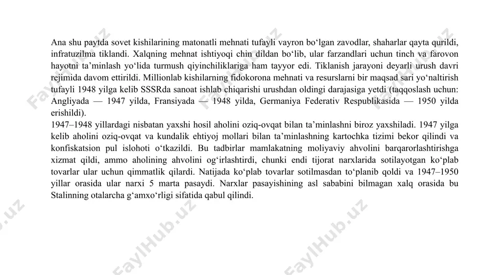 jadallashtirish sari yo‘l tutila boshlandi. juda katta siyosiy-ma’muriy bosim, yengil sanoat va qishloq xo‘jaligini talash hisobiga, shuningdek, mehnatkash ommaning tashabbusini mafkuraviy rag‘batlantirish tufayli 1946–1950 yillarda 6200 ta sanoat korxonalari tiklandi va qayta qurildi (taqqoslash uchun: 1928–1941 yillarda 9 ming korxona qurilgan edi). 1950 yili sanoat ishlab chiqarish hajmi rasmiy ma’lumotlarga qaraganda urushdan oldingi darajadan 73% ga oshib ketdi. jumladan, og‘ir sanoat mahsulotlari ishlab chiqarish 2 barobarga oshgan bo‘lsa, yengil va oziq-ovqat sanoati mahsulotlari bor-yo‘g‘i 23% ga o‘sdi (o‘zbekistonda sanoat mahsulotlari ishlab chiqarishi 89% ga, qishloq xo‘jaligi mahsulotlari esa 52% ga o‘sdi). ammo qishloq xo‘jaligi urushdan oldingi darajasiga yeta olmadi. qishloq xo‘jaligidagi ahvol aholini oziq-ovqat mahsulotlari va yengil sanoatni xomashyo bilan ta’minlashni qiyinlashtirdi. sovet ittifoqi aholisining oziq-ovqat ratsioni juda cheklanganiga qaramasdan, hukumat chet elga, ayniqsa, sotsializm qurishni boshlagan markaziy va janubi-sharqiy yevropa mamlakatlariga don va boshqa oziq-ovqat mahsulotlarini eksport qildi. budjetdan ajratilgan juda kam mablag‘lar yirik ijtimoiy loyihalarni amalga oshirish imkonini …