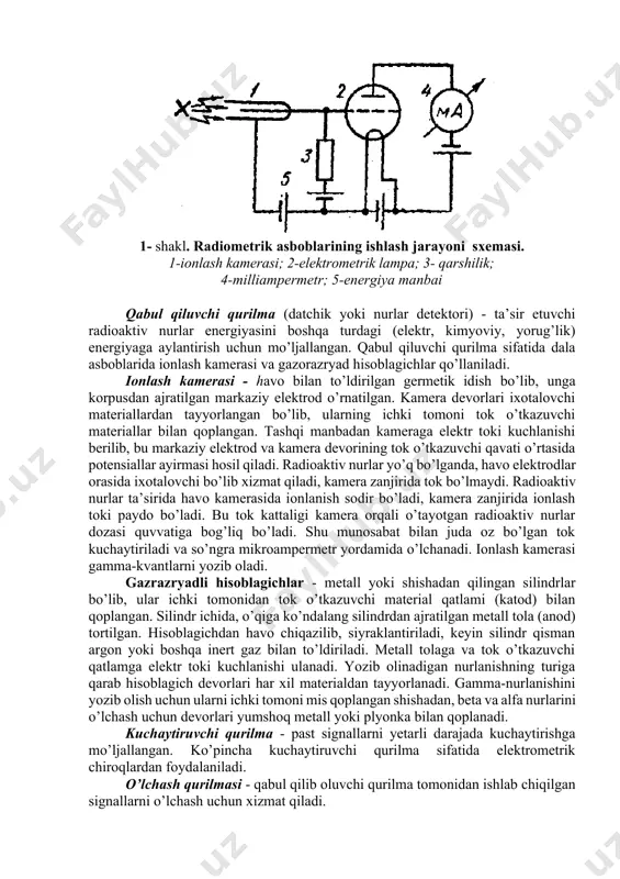 binafsha nurlari bilan qizdirilganda yoki yoritilganda laboratoriya sharoitida o’lchash mumkin bo’lgan energiyani beradi (termolyuminessent va oynali dozimetrlar). ionlash usuli - mohiyati yadroviy nurlanishlar ta’sirida ma’lum hajmdagi havo yoki gazning ionlanishidan iborat. bunda elektr neytral atomlardan musbat va manfiy zaryadlangan ionlar hosil bo’ladi. agar mana shu xajmga 2 ta elektrod kiritilib, ularga o’zgarmas kuchlanishli elektr toki ulansa, elektrodlar orasida elektr maydoni paydo bo’ladi, bunda zaryadlangan zarrachalarning yo’nalgan harakati yuzaga keladi: manfiy zaryadlangan ionlar anodga, musbat zaryadlanganlari katodga tortiladi, natijada elektrodlar o’rtasidagi potensiallar ayirmasi kamayib boradi. shunday qilib, ionizatsiya toki deb ataluvchi tok hosil bo’ladi. uning kattaligini o’lchab, radioaktiv nurlanishlarning intensivligi to’g’risida tasavvur hosil qilinadi. keltirilgan usullarga asoslanib nazorat asboblari orqali nurlanishlarni aniqlash mumkin. indikatorlar - eng sodda radiatsiyaviy razvedka asbobi bo’lib, ular yordamida nurlanish borligini aniqlash hamda asosan doza quvvatiga taxminiy baho berish vazifasi hal qilinadi. (dp-63, dp-63a, dp-64). rentgenometrlar - rentgen yoki gamma nurlanish dozasi quvvatini o’lchashga mo’ljallangan (dp3, dp-5a,b,v …