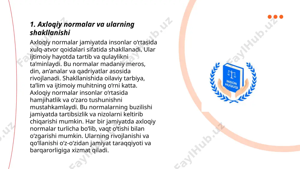 qo‘llaniladi; masalan, utilitarizm, deontologiya yoki fazilat axloqi. utilitarizm natijalarni kuzatib, maksimum baxt yoki foyda yaratishga intiladi. deontologiya esa qoidalarga rioya etishni ta'minlash orqali axloqiy qarorlarni beradi. fazilat axloqi esa indivi juda fazilatli shaxsiyat sifatida qaror qabul qilishga urg'u beradi. dilemmalarni hal qilish jarayoni murakkab bo‘lishi mumkin va ko‘pincha intuitiv hamda analitik fikrlash talab qiladi. ... t.me/slaydai_bot 7. axloqiy me'yorlar va huquqiy normativlar axloqiy me'yorlar va huquqiy normativlar jamiyatda tartibni saqlash va ijtimoiy munosabatlarni tartibga solish uchun muhim ahamiyatga ega. axloqiy me'yorlar insonlarning xulq-atvori va qadriyatlarini shakllantiradi, ularga odob-axloq qoidalari asosida yo'naltiradi. huquqiy normativlar esa davlat tomonidan o'rnatilgan qonunlar va qoidalarni o'z ichiga olib, jamoat tartibini ta’minlash uchun amalga oshiriladi. o'zbekiston respublikasi konstitutsiyasi huquqiy normativlar manbasi bo'lib, unda davlat tuzilishi, fuqarolarning huquq va majburiyatlari, shuningdek, ijtimoiy-iqtisodiy siyosatning asosiy yo'nalishlari belgilangan. o‘zbekistonning qonunchiligida fifa va bmt kabi xalqaro tashkilotlarning tavsiyalari ham qo‘llaniladi. ... t.me/slaydai_bot biznes axloqi va korporativ mas'uliyat korxonalar faoliyatida halollik, …