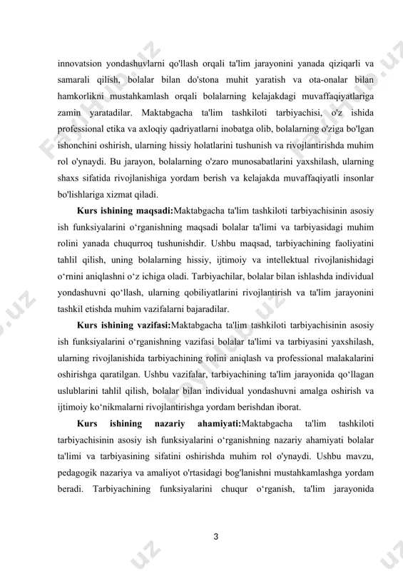 ‘llagan uslublarini tahlil qilish, bolalar bilan individual yondashuvni amalga oshirish va ijtimoiy ko‘nikmalarni rivojlantirishga yordam berishdan iborat. kurs ishining nazariy ahamiyati:maktabgacha ta'lim tashkiloti tarbiyachisinin asosiy ish funksiyalarini o‘rganishning nazariy ahamiyati bolalar ta'limi va tarbiyasining sifatini oshirishda muhim rol o'ynaydi. ushbu mavzu, pedagogik nazariya va amaliyot o'rtasidagi bog'lanishni mustahkamlashga yordam beradi. tarbiyachining funksiyalarini chuqur o‘rganish, ta'lim jarayonida qo'llaniladigan metod va yondashuvlarni yanada samarali ravishda amalga oshirish uchun zarur asoslar yaratadi. nazariy jihatdan, tarbiyachining ish funksiyalarini tahlil qilish bolalar rivojlanishining psixologik va pedagogik jihatlarini o‘rganishga yordam beradi. bu, bolalarning o'ziga xos xususiyatlarini inobatga olish va ularning ehtiyojlariga mos ta'lim va tarbiya usullarini ishlab chiqish imkonini beradi. shuningdek, tarbiyachining kasbiy malakasini oshirish va professional etikasini rivojlantirish nazariy jihatdan muhimdir, chunki bu bolalar bilan ishlashning sifatini yaxshilaydi. tarbiyachining asosiy ish funksiyalarini o‘rganish, maktabgacha ta'lim tizimining rivojlanishiga va yangi pedagogik yondashuvlarning joriy etilishiga ko'maklashadi. bu jarayonda, tarbiyachining professional o‘sishi, yangi bilimlar va ko‘nikmalarni o‘zlashtirish orqali …