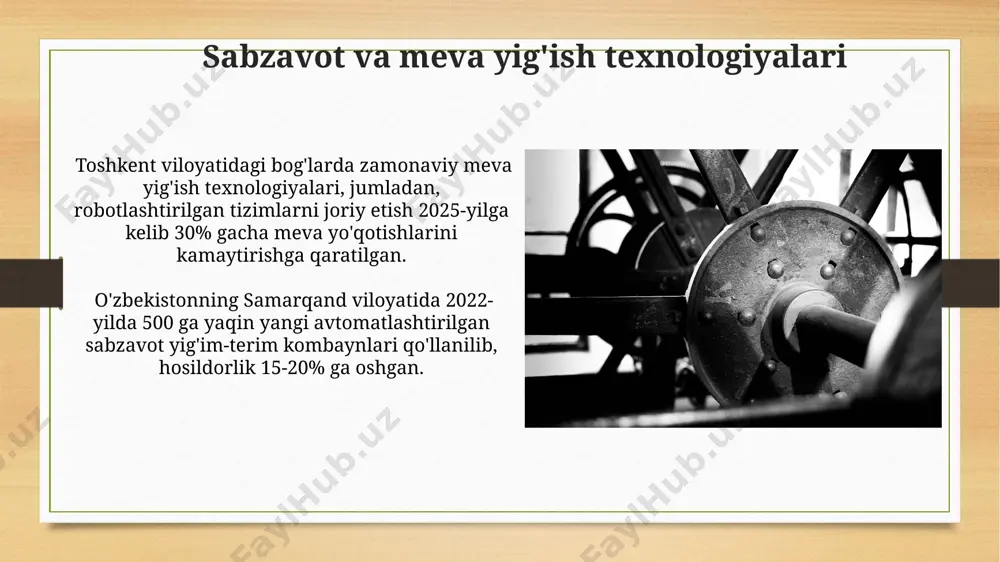 lari yuqori bo'lib, qashqadaryo viloyatida malakali mutaxassislar yetishmasligi kuzatiladi. zamonaviy yig'im-terim texnikalari, masalan, uzum yig'uvchi mashinalar, 500 tonna uzumni 1 hafta ichida yig'ib olish imkonini beradi, andijon viloyatida bu texnologiyalarni qo'llash birlik narxini 20% ga pasaytiradi, ammo ularning narxi ancha yuqori. pishgan hosilni aniqlash tizimlari сурхондарё вилоятидаги 5 та фермер хўжалигида ўрнатилган пишган ҳосилни аниқлаш тизимларининг ўртача самарадорлиги 88%, бу эса йиғим-терим ишларини оптималлаштиришга ёрдам берди. қорақалпоғистоннинг пахтачилик ҳудудларида 2023 йилда синовдан ўтказилган пишган ҳосилни аниқлаш тизимлари 95% га яқин аниқлик билан ҳосил пишишини аниқлай олди. uzum yig'ish mashinalari taxminan 100 ga yaqin zamonaviy uzum yig'ish mashinasi qashqadaryo viloyatiga 2022-yilda import qilingan bo'lib, ularning ish unumdorligi soatiga 2 tonna uzumni tashkil etadi. uzbekistan'da uzum yig'im-terim mashinalarining 30% dan ortig'i navoiy viloyatida joylashgan yirik xo'jaliklarda ishlatiladi, bu esa yillik hosilni 15% ga oshirishga yordam beradi. kelajakdagi yig'im-terim texnologiyalari kelajakdagi yig'im-terim texnologiyalari sun'iy intellekt va mashinani o'rganish algoritmlarini qo'llab, 30% gacha hosildorlikni …