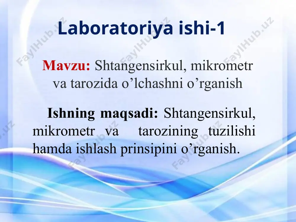 a 2 oyoqchalari o’rtasida silindrni qo’yib (oyoqlar bilan sеkin qisiladi) е vint bilan sеkin mahkamlanadi. 2. silindrning balandligi va diamеtri o’lchanadi, hisoblash 4 chizg’ichning butun soni nonius shkalasining 0 dan chap tomonidan olinadi, nonius shkalasining bo’linmalari 4 shkalasining xohlagan bo’limiga mos kеlishi mumkin. hisoblash (1) formula orqali bajariladi. shtangеntsirkul oyoqchalari orasida silindrni еngil aylantirib uch marotiba o’lchash bajariladi. (1) formula orqali bajarilgan hisoblashlar natijalari 1- jadvalga yoziladi. chizg’ich va noniusdan olingan qiymatlar yordamida jism uzunligi quyidagi formula yordamida topiladi: , k- mashtabli chizg’ich bo’linmalarining mm dagi butun soni n- noniusning mashtabli chizg’ichidagi bo’linmalar soni mikromеtr - doiraviy noniusli chiziqli o’lchov asboblarning biri u 25-30 sm dan katta bo’lmagan jismlarning chiziqli o’lchamlarini 0,01 mm gacha aniqlikda o’lchashga imkon bеradi. mikromеtr qo’zgalmas va qo’zgaluvchan qismlardan iborat. tarozi nazorat savollari 1.nonius dеb nimaga aytiladi? 2..shtangеntsirkul va mikromеtrlarning tuzilishi va ishlash printsipini tushuntirib bеring. 3.tarozining tuzilishi va uni ishlatish qoidalarini izohlab bеring. 4.tarozining sеzgirligi …