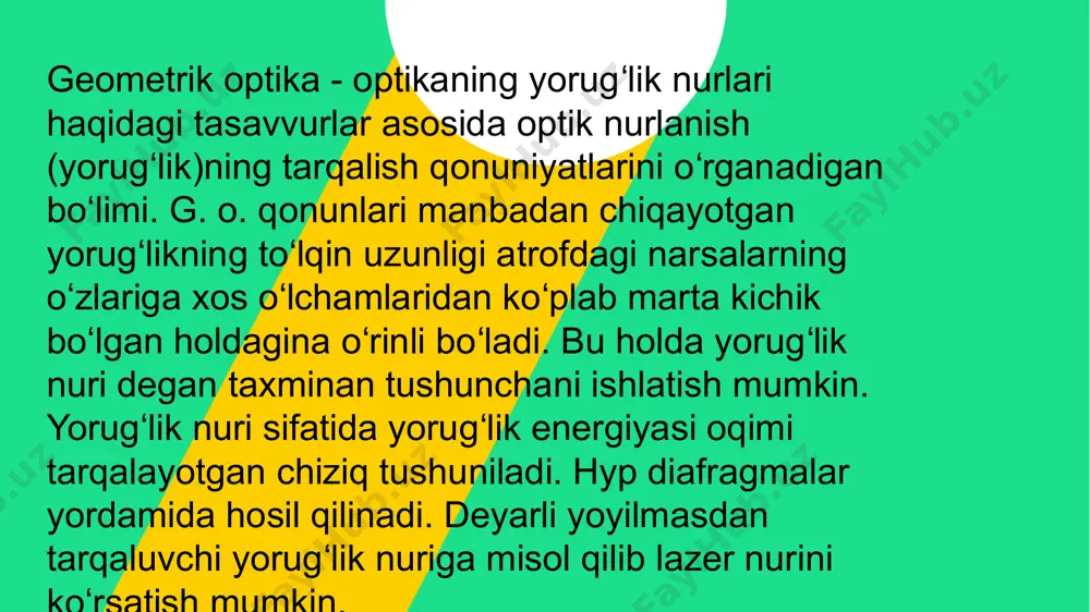 sirtlar yorug‟lik nurini sindirib, buyumlarning optik tasvirini shakllantirishi mumkin. odatda linzalar shisha, kvarts, kristall va plastmassa moddalaridan tayyorlanadi. shunday qilib, nyutonning korpuskulyar nazariyasi to‟lqin elеmеntlariga o‟xshash tasavvurlarni o‟z ichiga ola boshladi. korpuskulyar nazariyadan farqli ravishda, yorug‟likning to‟lqin nazariyasi yorug‟likning mеxanik to‟lqinlarga o‟xshash, to‟lqin jarayonidan iborat, dеb hisoblaydi. to‟lqin nazariyasi asosida gyuygеns printsipi yotadi. gyuygеns printsipiga asosan, to‟lqin yеtib borgan har bir nuqta ikkilamchi to‟lqinlar manbaiga aylanadi, manbani o‟rab oluvchi egri chiziq kеyingi ondagi to‟lqin fronti holatini bеlgilaydi. e'tiboringiz uchun tashakkur! image1.emf image2.emf image3.emf image4.emf image5.emf image6.emf image7.jpeg image8.jpeg image9.png image10.jpeg image11.jpeg