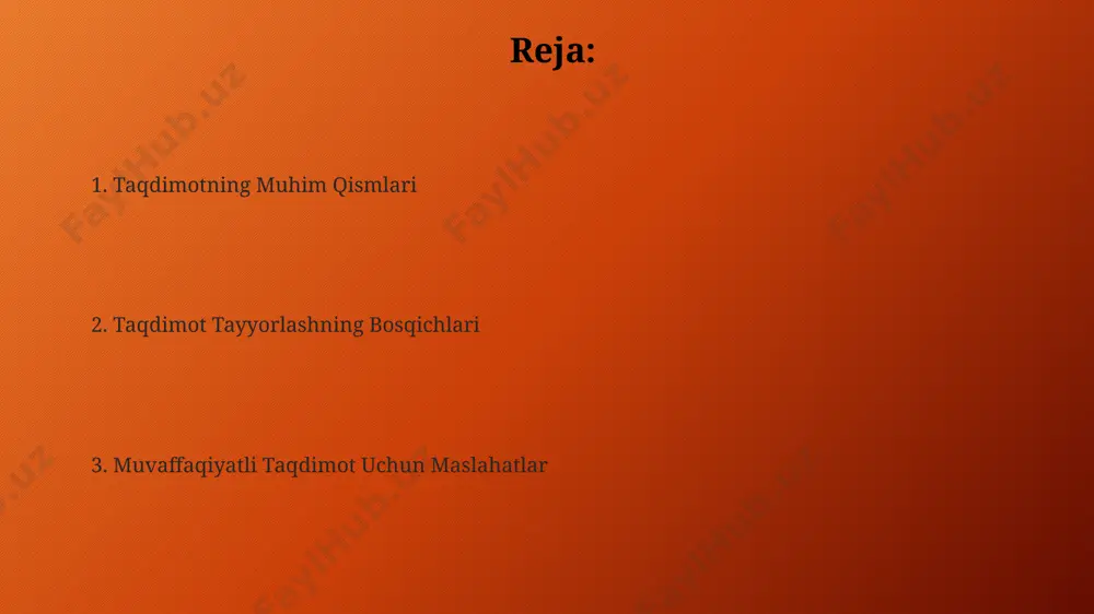 ar, masalan, regressiya tahlili yoki korelyatsiya tahlili, natijalarning ishonchliligi va ob'ektivligini ta'minlash uchun muhim ahamiyatga ega. sifatli ma'lumot yig'ish uchun 70% vaqtni rejalashtirish va 30% vaqtni to'plashga ajratish samarali strategiya hisoblanadi, bu esa aniq va to'liq ma'lumotlarga ega bo'lish imkonini beradi. tadqiqot jarayonida kamida 3 ta turli manbadan ma'lumot yig'ish, masalan, kitoblar (10 ta), jurnallar (5 ta) va internet resurslari (20 ta) kabi, natijalar ishonchliligini oshirish uchun muhim. taqdimot texnikasini o'rganish taqdimot tayyorlash jarayonida, rejalashtirishga 40%, mazmunni shakllantirishga 30%, va taqdimotni mashq qilishga 30% vaqt ajratish tavsiya etiladi. muvaffaqiyatli taqdimot uchun tinglovchilar bilan 3-5 marta ko'z aloqasi o'rnatish, ularning fikrlarini hisobga olish va savollarning 80% ga javob berish muhim. taqdimot texnikasini o'rganishda, 5 dan ortiq turdagi vizual vositalardan (grafika, jadvallar, xaritalar) samarali foydalanish, ma'lumotni tushunarli va jozibador etkazishga yordam beradi. savol-javobga tayyorgarlik taqdimotdan keyingi savollarga javob berishda, nutq texnikasini va noverbal aloqa elementlarini (ko'z bilan aloqa, mimika) qo'llash muhim ahamiyatga …