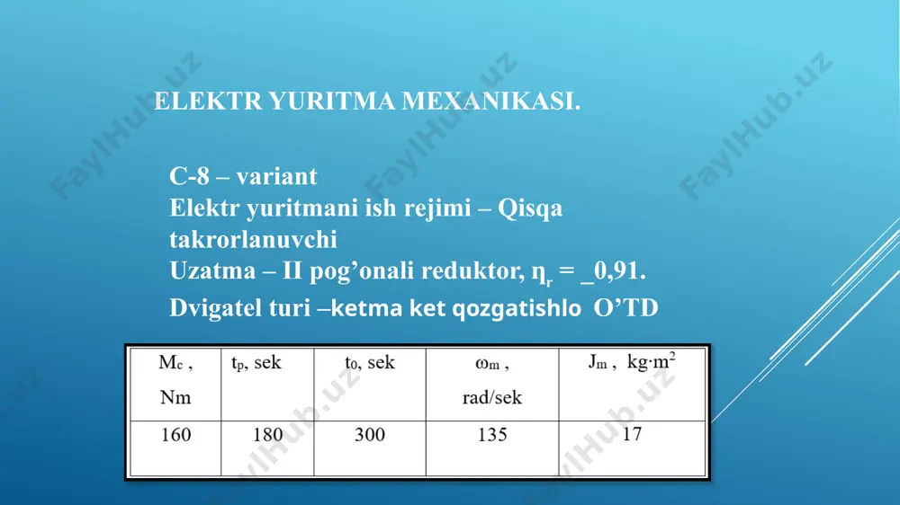 blanadi mt = mcn – j(dω/dt); bunda mcn – oxirgi uchastkadagi static moment qiymati, dω/dt hosila δω/δt bilan olmashtiriladi. qizish bo’yicha dvigatel quyidagi shartga asosan tekshiriladi mh ≥ me; τy≤ τd bu erda, τy – turg’un qizish temperaturasi; τd – ruxsat etilgan qizish temperaturasi. yuklanish bo’yicha quyidagi shart bajarilishi kerak mmax/mh ≤ λ bunda, λ – dvigatelni yuklanish qobiliyai. agar yuqoridagi shartlar bajarilsa dvigatel to’g’ri tanlangan hisoblanadi, aks holda kattaroq quvvatli dvigatel olinishi kerak. xulosa kurs loyihasida men ketma ket elektrodvigatelni ishga tushirish, reverslash va tormozlashni avtomatik boshqarish masalalarini ishlab chiqdim, avtomatik boshqarish sxemalarni tuzishni o’rgandim, elektr yuritmalarni boshqarish sxema elementlarini grafik tasvirlanishini va printsipial sxemalarini o’qishni o’rgandim. kurs loyihasini bajarishda men elektr yuritmani tezligini rostlash masalalarini yechdim, boshqarish sxemalarni grafik bajarish, dvigatelni mexanik xarakteristikalarini hisoblash va qurish ko’nikmalariga ega bo’ldim foydalanilgan adabiyotlar klyuchev v. i «teoriya elektroprivoda» m. energoatomizdat. 2000. 440s. moskalenko v. v «elektricheskiy privod» uchebnoe posobie, akademiya …