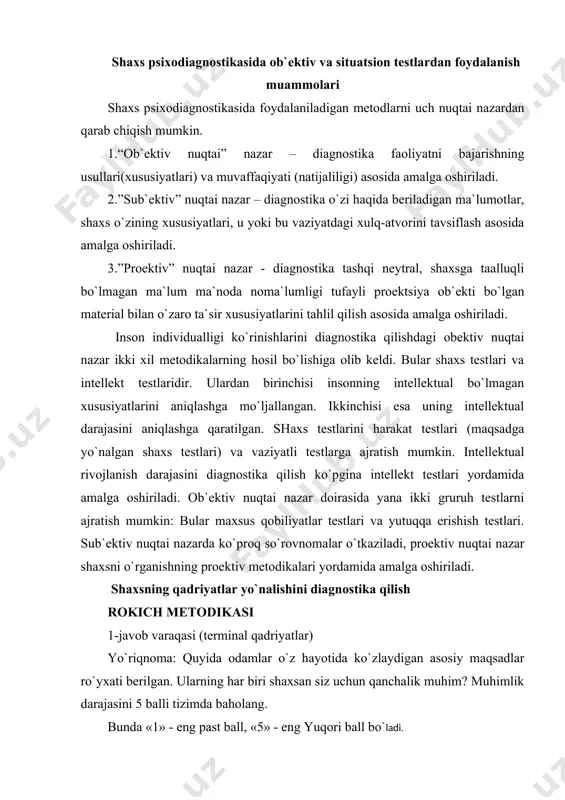 arning har biri shaxsan siz uchun qanchalik muhim? muhimlik darajasini 5 balli tizimda baholang. bunda «1» - eng past ball, «5» - eng yuqori ball bo`ladi. t.r. hayotiy maqsadlar (qadriyatlar) mazmuni ball 1 dan 5 gacha 1 fikrlash va xulosa chiqarishdagi mustaqillik 2. o`z-o`ziga ishonch (ichki shubha va gumonlardan xolibo`lish). 3. moddiy ta`minlanganlik (hayotda moddiy qiyinchiliklarning yo`qligi). 4. sog`liq (jismonan va ruhiy). 5. huzur-xalovat (vaqtichog`lik, aysh-ishrat). 6. qiziqarli ish. 7. muhabbat (sevgankishibilanma`naviyvajismoniyyaqinlik). 8. harakat va faoliyatdagi erkinlik. 9. go`zallik (tabiat va san`atdagi go`zallikni his etish). 10. sodiq va vafoli do`stlar. 11. bilish (bilim olish, aqlni charxlash imkoniyati). 12. baxtli oilaviy hayot. 13. ijod (ijodiy faoliyat imkoniyati). 14. ko`pchilik tomonidan tan olinish (hurmat qozonish). 15. faol qizg`in hayot . 16. tenglik (barcha uchun imkoniyatlar tengligi). 2-javob varaqasi (terminal qadriyatlar) yo`riqnoma: quyida shaxsga xos asosiy xususiyatlar ro`yxati berilgan. ularning har biri siz uchun qanchalik muhim? muhimlik darajasini 5 balli tizimda baholang. bunda …