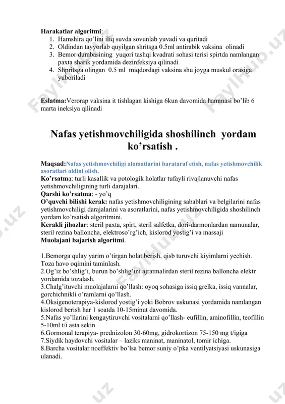 turishi kerak. 16. shprisdagi qon tozza steril probirkaga devori bo’ylab asta-sekin yuboriladi. 17. shpris ignalari bilan qismlarga ajratilib 1 soat dezinfeksiyalovchi eritmaga solinadi. 18. maxsus qalam bilan probirkaga tartib raqami belgilanadi. 19. yullanma to’ldirilib probirkadagi tartib raqami belgilanadi va laboratoriyaga jo’natiladi. kerakli anjomlar: 1.yullanma; 2. paxta; 3. spirt; 4. shpris; 5. jgut; 6. yostiqcha; 7. probirka. antirabik vaksinani qo’llash ko`rsatma: hayvon tishlaganda qutirishga qarshi aktiv immunizasiya qilish maqsadida qilinadi. kerakli jihozlar: virorap vaksinasu, shprits 5 ml- 2dona, 96%li spirt, steril paxta shariklar harakatlar algoritmi: 1. hamshira qo’lini iliq suvda sovunlab yuvadi va quritadi 2. oldindan tayyorlab quyilgan shritsga 0.5ml antirabik vaksina olinadi 3. bemor dumbasining yuqori tashqi kvadrati sohasi terisi spirtda namlangan paxta sharik yordamida dezinfeksiya qilinadi 4. shpritsga olingan 0.5 ml miqdordagi vaksina shu joyga muskul orasiga yuboriladi eslatma:verorap vaksina it tishlagan kishiga 6kun davomida hammasi bo’lib 6 marta ineksiya qilinadi .nafas yetishmovchiligida shoshilinch yordam ko’rsatish . maqsad:nafas yetishmovchiligi …