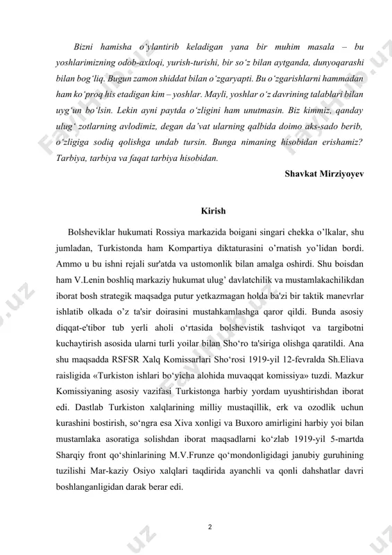dagi mahalliy mehnatkash aholining katta siljish davri edi. musbyuro o‘zini dastlab turkistonning sohibi sifatida namoyish qildi. musbyuro atrofida faqat mahalliy kommunistlar va mehnatkash omma emas, balki teng huquqli xorijiy inqilobiy partiyalar ham birlashdilar, (masalan, yosh buxoroliklar, yosh xivaliklar, ozarbayjon, fors kommunistlari va b)[footnoteref:1] musbyuro davri mahalliy aholi uchun ma'lum ma'noda siljish davri bo‘lsa-da, u erkin faoliyat ko‘rsata olmas edi. chunki o‘lkada siyosiy rahbarlik nuqtalari bolsheviklar qo‘lida edi. ular o‘lkadagi tang siyosiy vaziyatni hisobga olib vaqtincha matum ma'noda mahalliy millatlarga musbyuro atrofida uyushib harakat qilishga yo‘l bergan edilar. amalda esa turkiston o‘lkasi partiya va sho‘ro muassasalarida rahbarlik lavozimlarini egallab olgan shaxslarning aksariyati mustamlakachilik g‘oyasi bilan zaharlangan edilar. ular mahalliy millatlarga, ular orasidan chiqqan partiya a'zolariga, rahabarlikka ko‘tarilgan ba'zi shaxslarga kamsitib, nopisandlik va past nazar bilan qarar edilar. buni 1919-yil iyulda bo‘lib o‘tgan musulmon kommunistlarining birinchi otka konferensiyasi ham ochiq-oydin qayd etgan edi. konferensiya hujjatlarida «ko‘pgina mas'ul o‘rtoqlarning» mahalliy yo‘qsillarga ishonmasligi, milliy …