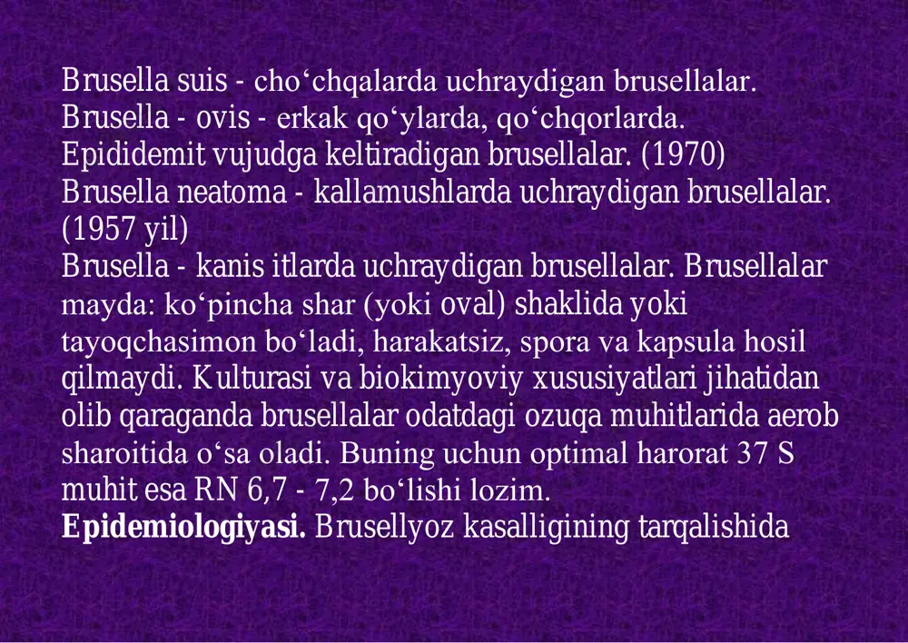 llalar qonga o‘tishi (gematogen yo‘l bilan tarqalishi) organizm himoya kuchlarining juda zaifligini ko‘rsatadi. bunda brusellalar qon oqimi bilan butun organizmga tarqalib, barcha qon tomirlar retseptorlariga ta’sir ko‘rsatadi. buni 2- faza yoki birlamchi generalizatsiya deyiladi. shundan so‘ng brusellalar butun odam organizmdagi retikuloendoteliyga boy bo‘lgan organlarga (jigar, taloq, ko‘mik, limfa tugunlari, tomirlar, tanosil organlar va h.k) o‘rnashib oladi. ma’lumki konda to‘qimalarda, organlarda fagotsitlar va organizmning boshqa himoya omillari ta’sirida brusellalar halok bo‘ladi. ularning parchalanishi natijasida ajralgan endotoksinlar organizmga ta’sir etib bu ham kasallik holatlarini yuzaga chiqaradi. brusellalar qon oqimi bilan tarqalib, o‘rnashib olgan organlarda mahalliy o‘zgarishlarni vujudga keltiradi. mahalliy o‘zgarishlar asosan asab tizimi, tayanch-harakat, tanosil va boshqa organlarda ko‘proq uchraydi, bularni metastazlar deb atashadi. retikuloendoteliyga boy bo‘lgan organlarga o‘rnashib olgan brusellalar «septik o‘choq» hosil qiladi va yana ko‘payishda davom etib, vaqt-vaqti bilan o‘zlariga qulay sharoitda qonga ta’sir etib turadi (ikkilamchi generilizatsiya). brusellalar va toksinlarnig qonga takror o‘tishi reaktiv xususiyati o‘zgargan bemor organizmida …