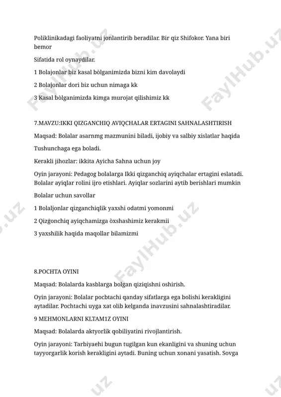 okomda yana nimalar sotilish mumkinligi soraladi bolalar bilan birga kitob dokunini kitoblar bilan bezatish mumkin. buvimning tugilgan kuni oyini maqsad: bolalarning tasavvurini boyitish, ularni ijodiy fikrlashga orgatish. oyin jarayoni: tarbiyachi bolalarga oshxona jihozlari va mevalar toplarnim taqdim qiladi. buvining tugilgan kumga ikkita mehmon kelishini va shunga mos dasturxon tuzashm aytadi. bolalar ozlari dasturxon tuzaydilar.
