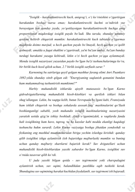 o‘lishi hodisasini tushuntirish, uchun o‘z nazariyasini taklif etdi. unga ko‘ra, issiqlik bu - jismni tashkil qiluvchi moddalarning tebranma harakati natijasida paydo bo‘lib, devining fikriga ko‘ra, gazlar va suyuqliklar uchun zarrachalarning harakati nafaqat tebranma, balki aylanma yo‘nalishda ham bo‘lishi kerak edi. devining bu nazariyasi kinetik issiqlik nazariyasi nomini oldi. shunga o‘xshash nazariyani gustav yung ham ilgari surgan. termodinamikaning ikkinchi qonuni. karno sikli. issiqlik mashinasining maksimal foydali koeffitsiyenti. termodinamikaning uchinchi qonuni termodinamikaning ikkinchi qonuni. karno sikli. issiqlik mashinasining maksimal foydali koeffitsiyenti. termodinamikaning uchinchi qonuni hozirgi zamon fizikasida termodinamikaning ikkinchi bosh qonuni, ikkinchi tur abadiy dvigatelning, ya'ni issiqlikni butunlay ishga aylantirib, davriy ishlaydigan dvigatelning yasash imkonsizligini uqtiradi. keling, ushbu qonunning ochilishi tarixi va u tufayli insoniyat erishgan boshqa ilmiy-texnik yutuqlar haqida gaplashamiz. ingliz gemfri devid (1788-1829) 23 yoshidayoq ko‘plab ilmiy va ijtimoiy mukofotlar, hamda, professor darajasiga ega bo‘ldi. undan tashqari uni qirollikning eng oliy e'tiroflaridan bir - "ser" unvoni bilan sharaflashdi va london …