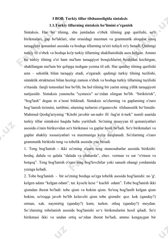 i belgi sanaladi. sintaktik qurilmalarning taraqqiyot bosqichlari quyidagilarni aniqlash orqali oydinlashtiriladi: a)sintaktik birlikning turini aniqlash (soʻz birikmasi, gap yoki qoʻshma gap), b) morfologik asosini hisobga olgan holda sintaktik birlik modelini aniqlash; v) diaxron omillar asosida bu modelning turkey tillarda tarqalish darajasini belgilash. sintaktik qurilmalar xususiyatini yoritishda agglyutinativ tillarning umumtipologik belgilari, masalan, barcha qoʻshma gaplardda ergash gapning bosh gap tarkibiga kiritilishi (buning natijasida ergash gaplar oʻrnida sifatdosh va ravishdoshli oborotlarning qoʻllanishi), kuchaytiruv yuklamalarning faolligi (buning natijasida bogʻlovchili ergash gaplarning hosil boʻlishi) va boshqalar olinadi. turkiy tillarda soʻz birikmasining maʼno munosabatiga koʻra turli shaklda qadimgi turkiy tilda ham ayni tarzda mavjud boʻlgan tobe aloqaga nisbatan keng tarqalgan koʻrinishi aniqlovchi— aniqlamish munosabati hisoblanadi. atributiv munosabatda turkiy tillarni boshqa tipdan ajratib turuvchi quyidagi xususiyatlarni koʻrsatish mumkin: — sifatlovchi sifatlanmishga faqat bitishuv usulida tobelanadi (mavi koʻy (ozarb.) — moviy koʻk, yeldi gemi (turk) — ellik kema), yaʼni flektiv tillar kabi son va kelishikda moslashmaydi; — …