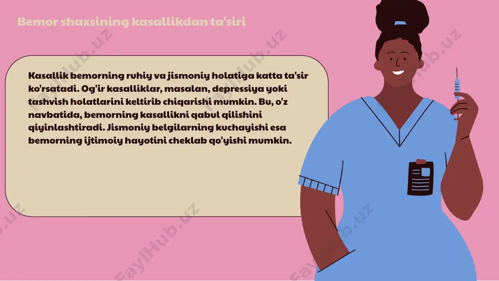i va qo'llab-quvvatlashlari muhimdir. do'stlar bilan aloqalar ruhiy barqarorlikni ta'minlashda yordam beradi. ijtimoiy qo'llab-quvvatlash bemorlar uchun ijtimoiy qo'llab-quvvatlash muhimdir, chunki bu kasallikni yengishda yordam beradi. guruhlar va ijtimoiy tarmoqlar orqali his-tuyg'ularni baham ko'rish mumkin. jamiyat bilan aloqalar bemorlar jamiyat bilan aloqalarga muhtoj, chunki ijtimoiy faoliyat ruhiy va jismoniy salomatlikni yaxshilashga yordam beradi. shaxs patologiyasining davolanishdagi ahamiyati - shaxs patologiyasining aniqlanishi va davolanishi: shaxs patologiyasini aniqlash va davolash bemorlar uchun muhimdir. bu jarayon bemorning psixologik holatini yaxshilashga va davolanish strategiyalarini moslashtirishga yordam beradi. - shaxs patologiyasining bemor shaxsiga ta'siri: shaxs patologiyasi bemor shaxsining kasallik bilan kurashish qobiliyatiga ta'sir qiladi. bemor o'z holatiga nisbatan ijobiy yoki salbiy munosabatda bo'lishi, uning davolanish jarayoniga bevosita ta'sir qiladi. - davolanish jarayonida shaxs patologiyasining ahamiyati: shaxs patologiyasining aniqlanishi davolanish natijalarini yaxshilaydi. bu bemorning ruhiy holatini va ijtimoiy qo'llab-quvvatlashni kuchaytiradi, natijada tiklanish jarayoni tezlashadi. shaxs patologiyasi va davolash usullari psixoterapiya shaxs patologiyasini davolashda muhim rol o'ynaydi. u …