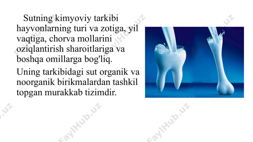 g'siz) sut to'liq sutni ajratish yo'li bilan olinadi. malt - solod ekstrakti qo'shilgan normallashtirilgan pasterizatsiyalangan sutdan ishlab chiqarilgan sut. shishaga solingan sterillangan sut tarkibida 8,2% yog' mavjud; uning ta'mi, hidi va rangi pishirilgan sut bilan bir xil. ionit sutida kaltsiy miqdori past. vitalakt-dm - kimyoviy tarkibi bo'yicha ona sutiga yaqin bo'lgan chaqaloq suti. turli hayvonlardan olingan sut xususiyatlariga ko'ra tasniflash mumkin : qo'y suti o'ziga xos hid va shirin ta'mga ega sarg'ish tusli oq yopishqoq suyuqlikdir. sigir suti bilan solishtirganda, u yog'ga (5,4-8,5%) va oqsilga 1,5 baravar ko'p, echki suti kimyoviy tarkibi va ba'zi xususiyatlari bo'yicha sigir sutiga o'xshaydi. ko'proq protein, yog' va kaltsiyni o'z ichiga oladi, lekin ozgina karotin va kaltsiy miqdori ko'payganligi sababli kamroq issiqlikka chidamli. to'y suti albumin suti deb ataladi - undagi kazein va albumin nisbati 1:1 ni tashkil qiladi. bu mavimsi rang va shirin ta'mga ega oq suyuqlikdir; sigir sutidan laktoza miqdori ko'payishi, yog'lar, tuzlar …