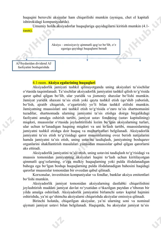 kin. huquq afzalligi yana yangi aksiyalar ochiq bozorga chiqmasidan oldin nominal yoki bozor bahosidan arzon narxda aksiyador tomonidan xarid qilinishi mumkin. buning natijasida bunday afzaliy huquq oldi sotdi obyekti boʻlishi mumkin; · korporativ tuzilma tugatilishida mulk qismidan ulush olish huquqi. kompaniyaning tugatilishi – bu komaniya oʻz faoliyatini toʻxtatishi, barcha kreditorlar bilan qarzdorliklarni hisob kitob qilishi, qolgan mulkni aksiyadorlar oʻrtasida taqsimlashi va boshqalar. ovoz huquqi – oddiy aksiya egalari uchun muhim xususiyat. ammo xorijiy kompaniya oddiy aksiyalarini sotib olayotganda shunga eʼtibor berish lozimki, oddiy aksiyalarni chiqarayotganda kompaniyalar investorlarning ovoz huquqini cheklovchi yoki umuman rad etuvchi aksiyalarni ham emissiya qilishi mumkin. aksincha, bunga qarshi koʻp ovozli, yaʼni bitta aksiya egasiga bir nechta ovoz huquqini beruvchi aksiyalar ham chiqarilishi mumkin (ayniqsa, chet el kapitali ishtirokidagi kompaniyalarda). umumiy holda aksiyadorlar huquqlariga quyidagilarni kiritish mumkin (4.1- rasm). aj foydasidan dividend aj faoliyatini boshqarishda aksiya – emissiyaviy qimmatli qogʻoz boʻlib, oʻz egasiga quyidagi huquqlarni beradi 4.1-rasm. …