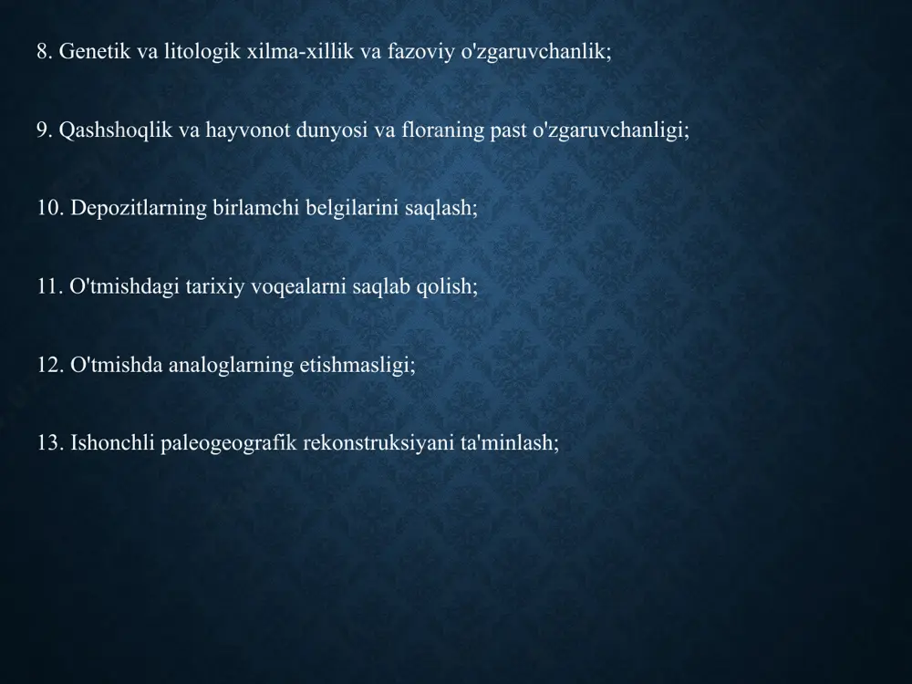 xos xususiyatlari 7. muayyan an'anaviy usullardan cheklangan darajada foydalanish va ba'zi hollarda ularning to'liq tatbiq etilmasligi; 8. ekstremal yoshlar; 9.jismoniy va geografik sharoitlar; 10. iqlim o'zgarishi; 11. muzliklarning rivojlanishi; 12. yer magnit maydonining evolyutsiyasi; 13. inson va uning moddiy madaniyatini rivojlantirish; 14. to'rtlamchi davr konlari hosil bo'lishining qonuniyligi; 15. materiklarning holati va relyefning tuzilishi; 16. vaqtinchalik hajm va pastki chegara; to'rtlamchi davrning o'ziga xos xususiyatlari 17. stratigrafik birliklarning tuzilishi va ularni aniqlash tamoyillari; 18. turli xil minerallar; 19. cho'kma va ularning xususiyatlari; 20. retrospektiv tahlilni o'tkazish va kelajakni bashorat qilish qobiliyati; 21. keng amaliy qo'llanilishi; 22. polidipliner tadqiqotlar; 23. eng yangi va zamonaviy tektonikani ishlab chiqish; to'rtlamchi davr geologiyasini o'rganishga qiziqqan turdosh tarmoqlar. 1. glyatsiologiya - muzliklarning rivojlanishini, muz qatlami maydonini, muzliklar sohasidagi o'zgarish dinamikasini, muzlik yotqiziqlarini, muzliklar bilan bog'liq bo'lgan hodisalar va jarayonlarni o'rganadi. 2. klimatologiya - iqlim tebranishlari, iqlim o'zgarishi bilan bog'liq hodisa va jarayonlarni o'rganadi; 3. biologiya …