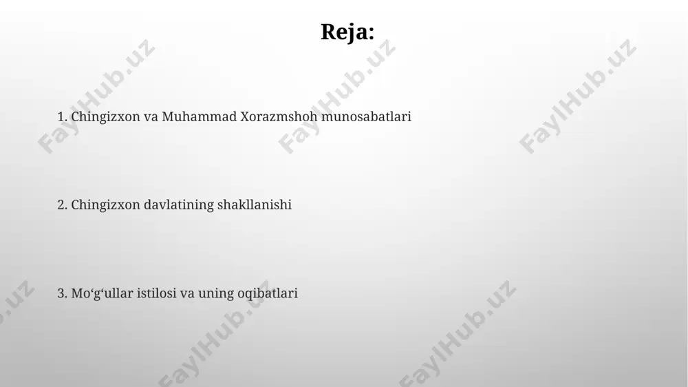 rtasida rasmiy sulh bitimi imzolangani yo'q, bu keyinchalik mojaroga sabab bo'ldi. moʻgʻullar istilosining sabablari moʻgʻullar istilosining asosiy sabablaridan biri, 13-asr boshlarida xorazmshohlar davlatining zaiflashuvi va ichki nizolar kuchayishi edi, bu esa moʻgʻul imperiyasi uchun qulay imkoniyat yaratdi. moʻgʻullar, o'zlarining kengayuvchan siyosati va yangi yerlarni egallab olish istagi bilan birga, boy xorazm viloyatining strategik ahamiyatiga ham qiziqishgan. bu esa, ularning istilosining muhim omili bo'ldi. chingizxon va muhammad xorazmshoh o'rtasidagi munosabatlarning boshlanishi chingizxonning elchilarini xorazmshoh muhammad tomonidan qirib tashlanishi, 450 dan ortiq savdogar va elchining o'ldirilishi ikki davlat o'rtasidagi munosabatlarning keskinlashuviga sabab bo'ldi. 1218-yilda chingizxonning xorazmga yuborgan birinchi elchiligidan keyin ikki tomonlama muzokaralar olib borishga urinish, diplomatik yo'l bilan kelishuvga erishishga bo'lgan umidlarni barbod qildi. xorazmshohlar sulolasi va uning zaif tomonlari muhammad ii xorazmshohning harbiy yutuqlariga qaramay, uning diplomatik jihatdan tadbirsizligi va salgʻoqligi moʻgʻullar bilan toʻqnashuvga va davlatning qulashiga sabab boʻlgan. sulolaning zaif tomonlaridan biri, markaziy hokimiyatning kuchsizligi va mahalliy amirlarning mustaqilligi …