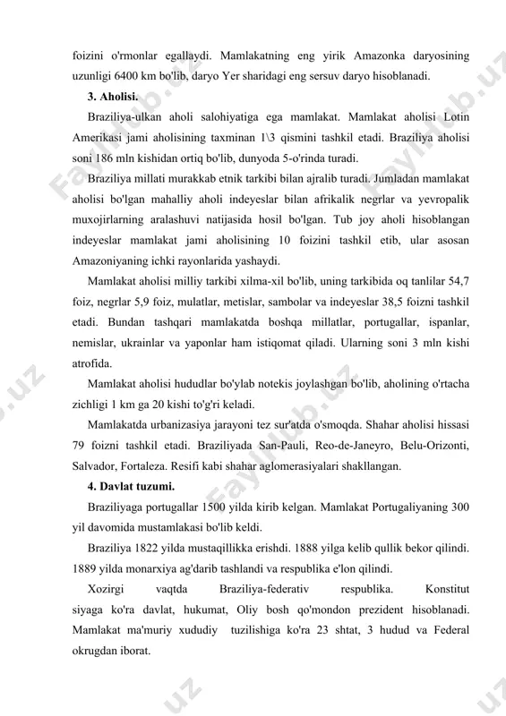 n qilindi. xozirgi vaqtda braziliya-federativ respublika. konstitut siyaga ko'ra davlat, hukumat, oliy bosh qo'mondon prezident hisoblanadi. mamlakat ma'muriy xududiy tuzilishiga ko'ra 23 shtat, 3 hudud va federal okrugdan iborat. 5. xo'jaligi. so'nggi yillarda rivojlangan mamlakatlardan ilg'or texnologiyalarning, sarmoya va kreditlarning iqtisodiyotga jalb qilinishi natijasida braziliya zamonaviy sanoat ishlab chiqarishini barpo etishda katta yutuqlarga erishildi, shuningdek agrar mamlakatdan industrial mamlakatga aylandi. braziliya rivojlanayotgan mamlakat bir qancha tipologik jihatlarga ko'ra «yangi industral mamlakatlar» (singapur, gonkong, janubiy koreya va tayvan bilan birgalikda) guruxiga kiritiladi, lekin moskva davlat universiteti geograf olimlari mamlakatlarni «tayanch rivojlanayogan mamlakatlar» guruhiga kiritadi. braziliya uchun sanoat ishlab chiqarishining yuqori hududiy konsentrasiyalashuvi (mujassamlashuvi) xosdir. jami asosiy sanoat mahsulotlarining 80 foizini mamlakatning janubi-sharqida joylashgan san-paulu, rio-de-janeyro va minas-jerays shtatlarida ishlab chiqariladi. mamlakat temir rudasi, apatit, niobiy konsentratlari ishlab chiqarish bo'yicha dunyoda birinchi, berilliy qazib chiqarish bo'yicha ikkinchi, boksit, grafit va tantal konsentratlari qazib chiqarishda uchinchi, oltin, asbest va qalayi qazib olishda to'rtinchi …