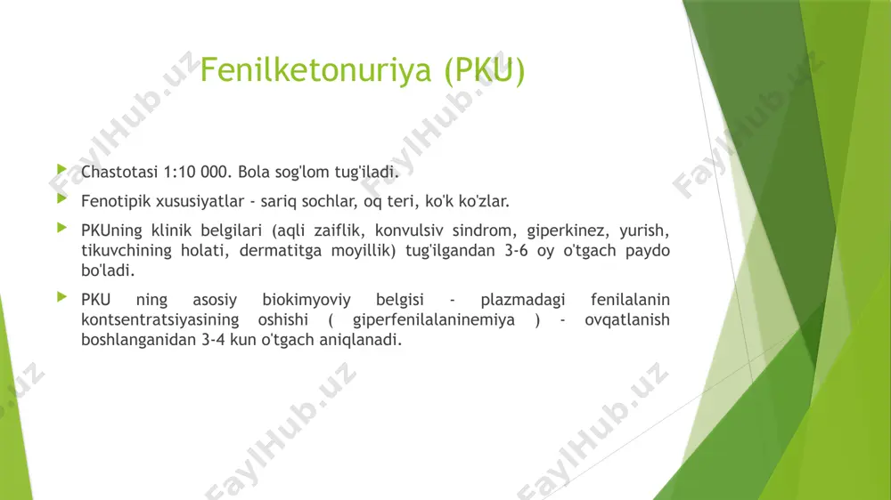 igi, koma bilan almashtiriladi. chinor siropi hidi sifatida tasvirlangan siydikning g'ayrioddiy aromatik hidiga e'tibor bering. kasallik juda og'ir davom etadi va ko'pincha o'limga olib keladi, o'limning asosiy sababi miya shishi. albinizm odatda irsiy pigmentatsiya nuqsoni, ko'pincha melaninning albinizmning chastotasi 1: 5000 - 1: 25 000. klinik jihatdan sut-oq teri rangi, sarg'ish sochlar, qon tomirlarining shaffofligi tufayli ko'zning qizil irislari xarakterlidir. ko'z albinizmi albinizmning bir turi bo'lib, u faqat ko'zlarga, xususan shox parda va retinaga ta'sir qiladi.ko'z albinizmi bilan og'rigan odamlar teri va soch rangi bir xil bo'ladi. alomatlar: ko'rish keskinligining etishmasligi va tungi ko'rishning cheklanganligi tez ko'z harakati (nistagmus) binokulyar ko'rishning pasayishi nurga sezgirlik funktsional ko'rlik strabismus ko'z albinizmi ko'z osti albinizmi - soch, teri, ko'z pigmentatsiyasining umumiy pasayishi va turli xil ko'z kasalliklari bilan tavsiflangan melanin biosintezining irsiy kasalliklari guruhini tavsiflaydi. ko'z-ko'z albinizmi 1 - bu 11-xromosomada joylashgan tirozinaza genidagi mutatsiya natijasida yuzaga keladigan kasallik. mutatsiya tirozinaza butunlay yo'q …