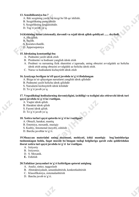 , mohiyati, ichki mantiqiy bog`lanishlariga tushunmagan holda, faqat muxim bo`lmagan tashqi belgilariga qarab esda qoldirishdan iborat xotira turi qaysi javobda to`g`ri ko`rsatilgan. a. ixtiyoriy b. ixtiyorsiz. d. s. mexanik. e. eshitish 20.tafakkur jarayonlari to`g`ri keltirilgan qatorni aniqlang a. analiz, sintez, taqqoslash b. abstraktsiyalash, umumlashtirish, konkretlashtirish c. klassifikatsiya, sistemalashtirish d. barcha javob to`g`ri. 21. narsa va hodisalarning analizda bo`lgan, ajratilgan ayrim bo`laklarini fikran birlashtiruvchi tafakkur operatsiyasini aniqlang. a. taqqoslash. b. analiz . a. s. sintez. c. umumlashtirish. 22. ikki yoki undan ortiq kishilarning suhbati nutqning qaysi turiga misol bo`lishini aniqlang. a. monolog. b. diolog . d. ichki . e. tashqi 23. narsa va hodisalarning belgi va xususiyatlari haqida tasdiqlab yoki inkor qilib aytilgan fikr......... deyildi. a. xulosa chiqarish . b. tushuncha . a. hukm . c. to`g`ri javob yo`q 24. biror maqsadsiz, irodani ishga solmasdan o`z-o`ziga obraz va tasavvurlar yaratuvchi xayol turi qaysi javobda to`g`ri ko`rsatilgan. d. ixtiyoriy. e. ixtiyorsiz. f. …