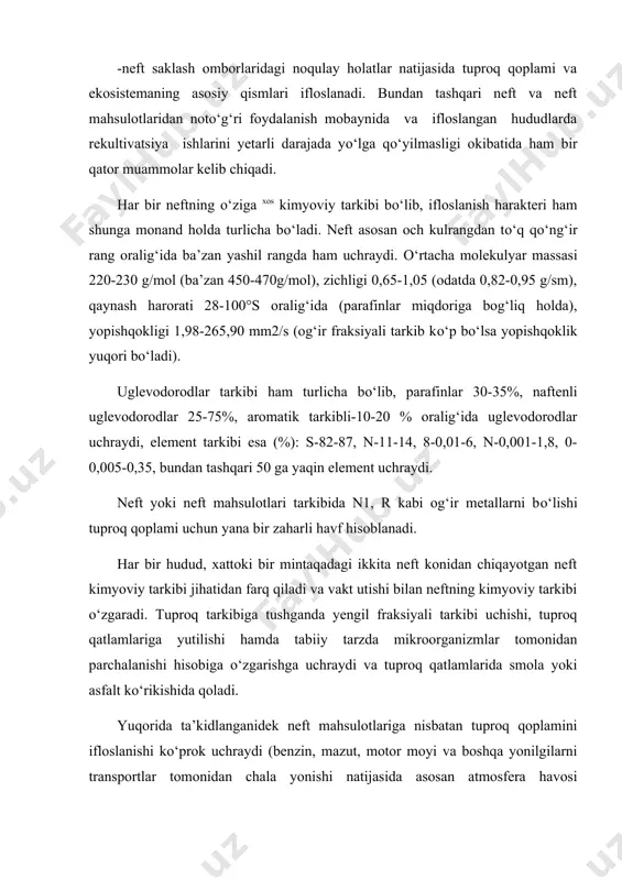 ajalarga bо‘linadi: □ ifloslanmagan tuproqlar 1,0 g/kg; □ kuchsiz darajada ifloslangan tuproqlar 1,0-5,0 g/kg; □ о‘rtacha darajada ifloslangan tuproqlar 5-12 g/kg; □ kuchli darajada ifloslangan tuproqlar 12-25 g/kg; □ juda kuchli darajada ifloslangan tuproqlar 25 g/kg dan ortiq; tuproqsa neftning qqm kо‘rsatkichi 1g/kg ga teng bо‘lib, bu kо‘rsatkichdan ortiq miqsori salbiy oqibatlarga olib keladi. juda kuchli ifloslangan tuproqlar asosan neft koni, neft sanoati, yonilg‘i quyish shaxobchalari atrofidagi tuproqlarda kup uchraydi. neft yoki neft mahsulotlari bilan ifloslangan tuproqlarni xossa-xususiyatlarini о‘zgarishida uning ifloslanish vaqti muhim urin tutadi. ifloslanish vaktiga kо‘ra quyidagicha belgilanadi: o yangitdan ifloslangan tuproqlar - 4 yilgacha; □ о‘rtacha ifloslanish vaqti 4-10 yilgacha; □ eskitdan ifloslangan tuproq qoplami 10 yildan ortiq. ifloslanish vaqti tuproq xossalarini о‘rganishda uning rekultivatsiya tadbirlarini olib borishda muhim rol о‘ynaydi, ya’ni olib borilgan tadqiqotlarning turi, tegishli metodikalar va texnologiyalarni belgilash mezonlaridan biri hisoblanadi. respublikamizda hozirgi kungacha kо‘plab neft konlari ochilgan. natijada sug‘oriladigan tuproqlar kuchli darajada ifloslanmokda, …