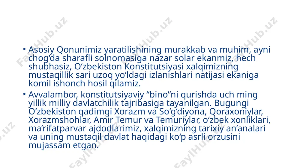 ekiston mustaqillikka erishish ostonasida” kitobining so‘zboshi qismida shunday bayon etilgan: “prezident islom karimov gkchp e’lon qilinganini agrada eshitib, 19 avgust kuni zudlik bilan toshkentga qaytadi. toshkent aeroportida yurtboshimizni rasmiy kishilardan tashqari, turkiston harbiy okrugi bosh qo‘mondoni hamda markazdan kelgan 3 nafar general kutib oladi. bu o‘sha paytdagi mavjud rasmiy protokol qoidalariga mutlaqo zid bo‘lib, tagdor siyosiy ma’noga ega edi. islom karimov aeroportdan to‘g‘ri hukumat binosiga kelib, kechqurun hukumat a’zolari bilan uchrashdi hamda o‘zbekiston ssr hududida gkchpning qonunga zid qarorlarini bekor qilish haqida ko‘rsatma berdi. shu tariqa gkchp gumashtalari o‘zbekitston hukumati nomidan qabul qilgan barcha hujjatlarni bekor qildi”. yaqin o‘tmishning bu voqealarini eslash va eslatishdan muddao esa yangi konstitutsiyamizni yaratish yo‘lidagi kurashlar mustaqillik uchun kurashning uzviy, ajralmas qismi ekanligini e’tirof etishdan iborat. zero, biz o‘z istiqlolimizni qanday qiyinchiliklar bilan, qanday sinov va suronli kurashlar bilan qo‘lga kiritgan bo‘lsak, o‘zbekistonning birinchi konstitutsiyasini yaratish yo‘lida ham xuddi shunday murakkab sinovlarni boshdan kechirdik. 1992 …