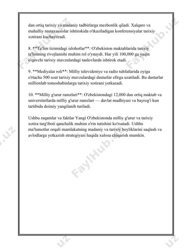 stahkamlanib bormoqda. 3. ma'naviyat va ma'rifat tadbirlarining o'sishi ma'naviyat va ma'rifat jamiyat hayotida muhim o‘rin tutadi va ularning rivojlanishi orqali insonlar ongini yuksaltirish, milliy g‘ururni oshirish hamda madaniy zaminga energiya bag'ishlash mumkin. shu sababli o‘zbekistonda ma'naviyat va ma'rifat sohasidagi tadbirlarning o‘sishi va ularning ahamiyati katta e’tiborga sazovor. ma'naviyat va ma'rifat tadbirlarining o‘sishi ko‘p jihatdan davlat tomonidan berilgan qo‘llab-quvvatlash va muayyan strategiyalar orqali amalga oshirilmoqda. 2017 yilda o‘zbekiston respublikasi prezidenti shavkat mirziyoyev tomonidan "ma'naviyat va ma'rifat sohasini rivojlantirish to'g'risida" qaror qabul qilindi. ushbu qaror doirasida ma'naviyat va ma'rifatning jamiyatdagi o‘rni va ahamiyatini oshirish, aholi ongida milliy g‘urur va ma'rifat o‘stdirishga qaratilgan chora-tadbirlar belgilandi. 2019 yilda respublikada "ma'naviyat va ma'rifat markazi" tashkil etildi. bu markazning asosiy vazifasi milliy-madaniy merosni asrash, yuksaltirish va targ‘ib qilishdan iborat. markaz tomonidan har yili o‘nlab konferensiyalar, seminarlar va davra suhbatlari o‘tkaziladi. 2020 yilning o‘zida ushbu markaz tomonidan 300 dan ortiq madaniy tadbirlar tashkil etildi. ma'naviyat va ma'rifat …