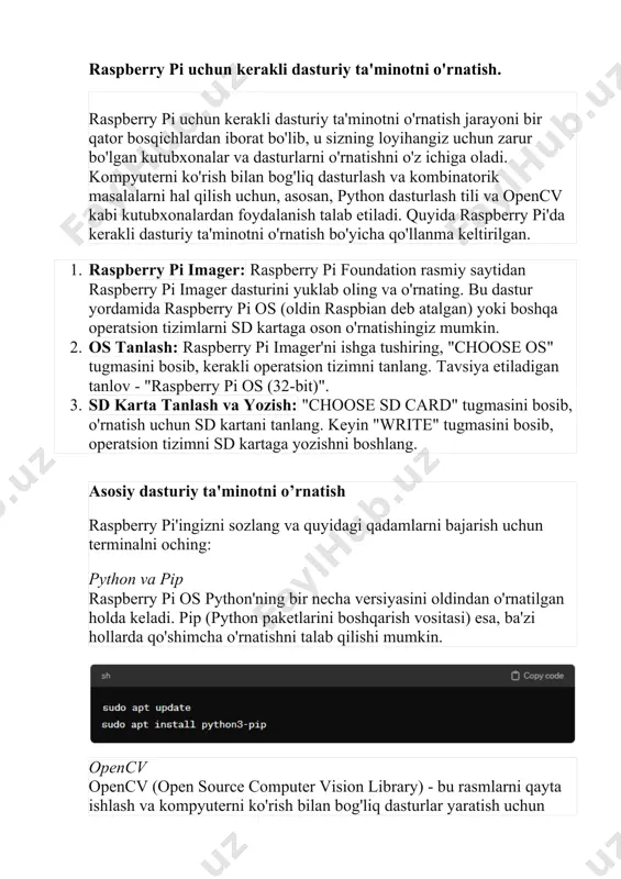 nlarga o'tkazish, uning rangli kanallarini bitta kulrang kanalga qisqartirish jarayonidir. bu, ko'pincha, tasvirni qayta ishlashning boshlang'ich bosqichi sifatida amalga oshiriladi, chunki bu rangli ma'lumotlarni saqlab qolishning oson yo'li hisoblanadi va ko'p hollarda, rang ma'lumotlari kerak emas. grayscaling, yoki tasvirlarni kulrang tonlarga o'tkazish, rangli tasvirni faqat kul ranglarning turli tonlaridan iborat tasvirga aylantirish jarayonidir. bu operatsiya, har bir pikselning yorug'lik darajasini saqlab qoladi, lekin rang ma'lumotini yo'q qiladi. grayscaling, ko'plab tasvirni qayta ishlash dasturlarida, xususan, ob'ektlarni tanish, chegaralarni aniqlash va morfologik operatsiyalarni bajarishda dastlabki qadam sifatida ishlatiladi. grayscalingning asosiy afzalliklari. hisoblash samaradorligi: rangli tasvirni kulrang tonlarga o'tkazish, kompyuterni ko'rish algoritmlarini tezroq va samaraliroq qiladi, chunki faqat bitta kanal ustida ishlov beriladi, bu esa hisoblash hajmini kamaytiradi. ma'lumotni soddalashtirish: grayscaling, tasvirdagi muhim ma'lumotlarni saqlab qolgan holda, uni soddalashtiradi. bu, ayniqsa, yorug'lik darajasini tahlil qilish yoki tekstni tanish kabi vazifalarda foydalidir. shovqinni kamaytirish: rangli tasvirlarda shovqin ko'pincha rang kanallarida ko'rinadi. grayscaling orqali shovqin …