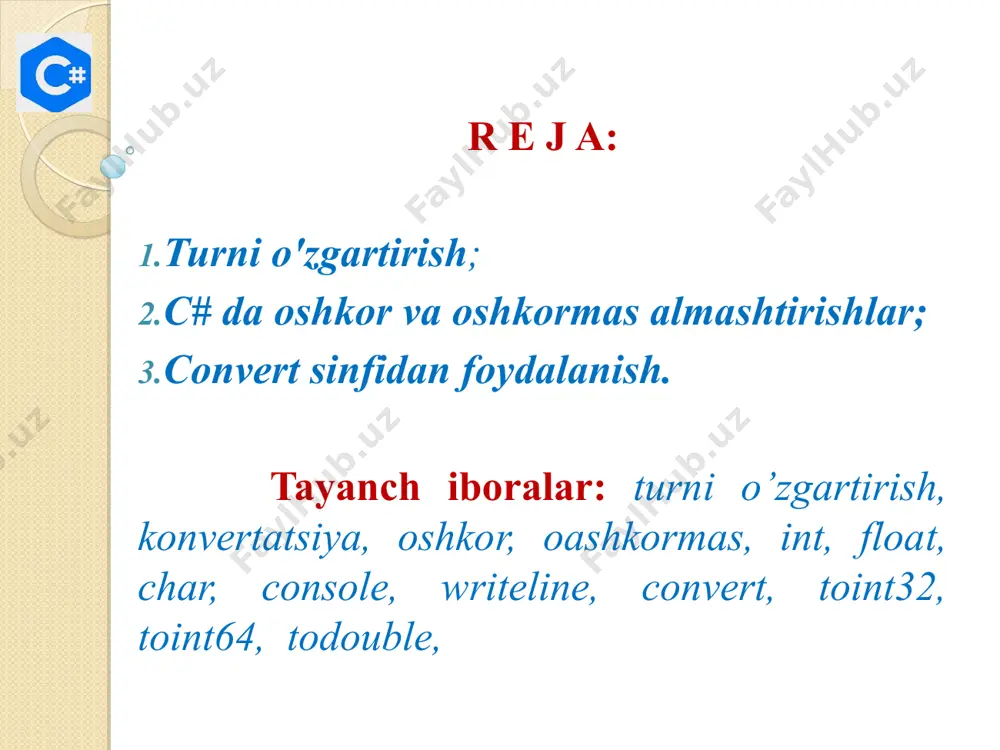 int inum = (int) dnum; // doubleni int ga almashtirish console.writeline(dnum) ; // 5.23 console.writeline(inum); // 5 - faqat butun qism qoladi, kasr qismi tashlab yuboriladi; quyidagi misolda turlarni almashtirishning yana bir turi keltirilgan, bundan tashqari c# da oshkor almashtirishning boshqa usuli mavjud. bu convert sinfi orqali amalga oshiriladi. // almashtirish convert.toint32 (int) // int turiga almashtirish convert.toint64 (long) // long turiga almashtirish convert.todouble // double turiga almashtirish convert.toboolean // boolean turiga almashtirish convert.tostring // satrga almashtirish “convert” sinfidan foydalanishga misollar int inum = 10; double dnum = 5.25; bool boolvalue = true; console.writeline(convert.tostring(inum)); // int ni stringa console.writeline(convert.todouble(inum)); // int ni doublega console.writeline(convert.toint32(dnum)); // double ni intga console.writeline(convert.tostring(boolvalue)); // bool ni stringa oshkormas almashtirish int num = 2147483647; long bignum = num; oshkor almashtirish static void main() { double x = 1234.7; int a; // double ni int ga almashtiradi a = (int)x; system.console.writeline(a); } natija: 1234 e’tiboringiz uchun …