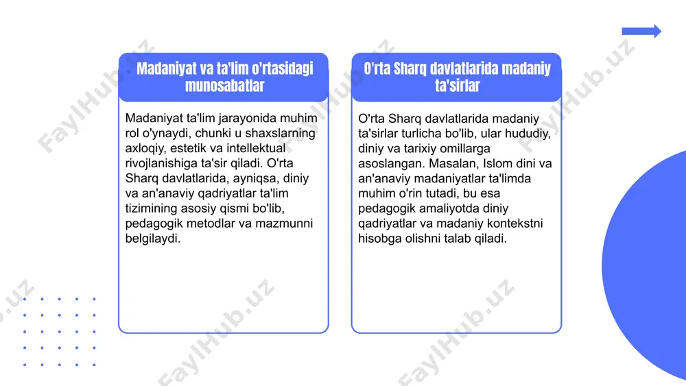 moiy, madaniy va iqtisodiy ta'sirlar: taqqoslash ijtimoiy, madaniy va iqtisodiy ta'sirlarning farqlari ijtimoiy ta'sirlar odatda aholi muhitiga ta'sir qiladi, madaniy ta'sirlar an'analar va urf-odatlarga ta'sir ko'rsatadi, iqtisodiy ta'sirlar esa mamlakatning iqtisodiy rivojlanishiga ta'sir qiladi. bu farqlar ularning ta'lim va ijtimoiy hayotdagi rolida ham namoyon bo'ladi. ta'lim tizimlarida ta'sirlarning o'zaro bog'liqligi ijtimoiy, madaniy va iqtisodiy ta'sirlar o'zaro bog'liq bo'lib, birining o'zgarishi boshqasiga ta'sir qiladi. masalan, iqtisodiy rivojlanish ta'lim imkoniyatlarini kengaytiradi, madaniyat esa ta'lim jarayonida muhim rol o'ynaydi. yaqin va o'rta sharq davlatlari taqqoslash yaqin va o'rta sharq davlatlarida ijtimoiy, madaniy va iqtisodiy ta'sirlar o'ziga xos bo'lib, ularning ta'lim tizimlariga ta'siri ham farq qiladi. masalan, iqtisodiy imkoniyatlar va madaniy an'analar ta'lim metodlariga ta'sir qiladi. xulosa yaqin va o'rta sharq pedagogikasining tarixiy va madaniy asoslarini umumiy xulosa qilish muhimdir, bu ularning rivojlanish yo'nalishini va xususiyatlarini tushunishga yordam beradi. pedagogik tizimlar va nazariy yondashuvlarning o'ziga xosligini yodda tutish, ularning amaliyotda qanday qo'llanilishini va ta'lim …