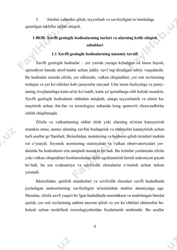'minlashda muhim ahamiyatga ega. masalan, zilzila xavfi yuqori bo‘lgan hududlarda mustahkam va muhrlangan binolar qurish, yer osti suvlarining sathini nazorat qilish va yer ko‘chkilari ehtimolini baholash uchun modellash texnologiyalaridan foydalanish muhimdir. bu usullar yordamida favqulodda vaziyatlar yuzaga kelganda insonlar va mulkni himoya qilish imkoniyati oshadi. shuningdek, xavfli zonalarda xavfsizlik choralari va evakuatsiya rejalari ishlab chiqiladi. bu rejalarga muvofiq, aholining xavfsiz joylarga evakuatsiya qilish tartibi va javob choralari belgilab qo‘yiladi. bunday rejalar va tayyorgarliklar, ayniqsa, zilzila va yer ko‘chkilari ehtimoli katta bo‘lgan hududlarda muhim ahamiyat kasb etadi. odamlarning xavfsizligini ta'minlash uchun, shuningdek, jamoatni tayyorlash va xavf haqida ma'lumot berish ham muhimdir. yurtimizda ham xavfli geologik hodisalar bilan bog‘liq muammolarni hal etishga qaratilgan keng ko‘lamli ilmiy va amaliy tadqiqotlar davom etmoqda. bu jarayonda, geologiya, kimyo va muhandislik sohalarining integratsiyasi muhim ahamiyat kasb etadi. kimyo sohasida esa, geologik hodisalar bilan bog‘liq atmosferik va yer osti muhitini o‘rganish, ularni nazorat qilish uchun kimyoviy moddalarning …