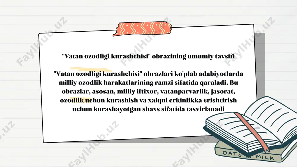 rga qarshi himoya qilayotgan obrazlar tasvirlanadi. xalq va milliy g‘oya o'zbek adabiyotida "vatan ozodligi kurashchisi" ko'pincha xalqni ozod qilish va mustaqillikka erishish maqsadida kurashayotgan shaxs sifatida namoyon bo'ladi, rossiya va turk adabiyotlarida esa bu obrazlar ko'proq siyosiy kurash va imperiyalarga qarshi faoliyatni aks ettiradi. fidoyilik va jasorat o'zbek va boshqa millat adabiyotlaridagi obrazlarning fidoyilik va jasorat jihatlari umumiy bo'lsa-da, har bir xalqning tarixiy yo'li va ijtimoiy muhitiga bog'liq ravishda turlicha ifodalangan. "vatan ozodligi kurashchisi" obrazining qiyosiy tahlili adabiy asarlarda milliy ozodlik g'oyalarining qanday rivojlanganini ko'rsatadi. turli millatlarning adabiyotlarida bu obrazning ifodalanishidagi farqlar va umumiyliklar adabiyotshunoslikda yangi qarashlar yaratadi. o'zbek, rus, turk va boshqa adabiyotlardagi "vatan ozodligi kurashchisi" obrazlarini o'rganish, milliy g'oyalarning va xalq ozodligining qahramonlar orqali ifodalanganini tushunishga yordam beradi. sharq adabiyoti sharq adabiyoti "vatan ozodligi kurashchisi" obraziga boy. masalan"shohnoma" dostonida rustam vatanini dushmanlardan himoya qilgan qahramon sifatida tasvirlangan. uning jasorati, kuch-qudrati va vatanparvarligi dostonning asosiy mavzusi hisoblanadi g'arb adabiyoti …