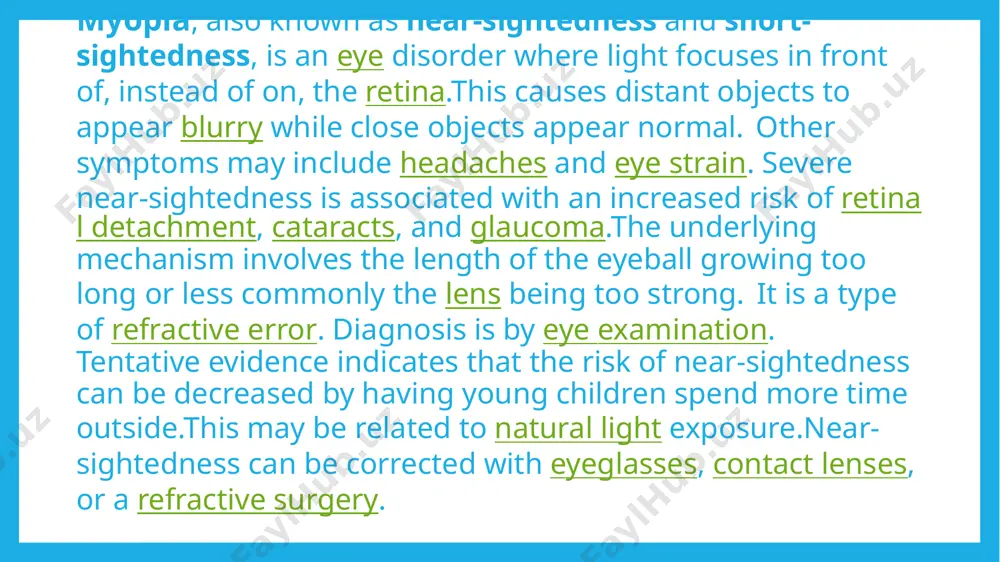 extent of the myopia is great enough, even standard reading distances can be affected. upon routine examination of the eyes, the vast majority of myopic eyes appear structurally identical to nonmyopic eyes.onset is often in school children, with worsening between the ages of 8 and 15. causes the underlying cause is believed to be a combination of genetic and environmental factors.risk factors include doing work that involves focusing on close objects, greater time spent indoors, urbanization, and a family history of the condition.it is also associated with a high socioeconomic class and higher level of education. a 2012 review could not find strong evidence for any single cause, although many theories have been discredited. identical twins are more likely to be affected than non identical twins which indicates at least some genetic factors are involved. myopia has been increasing rapidly throughout the developed world, suggesting environmental factors are involved. a …