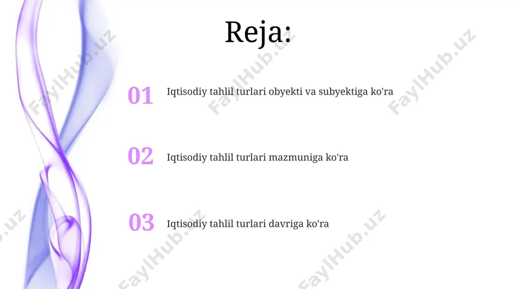 rlarni o‘z ichiga olgan tarixiy ma’lumotlar va prognozlarni birlashtirib, sektorlarning kelajakdagi rivojlanish trendlarini bashorat qilishga imkon beradi. sektoral iqtisodiy tahlil, 20 dan ortiq turli sektorlarni, masalan, qishloq xo‘jaligi, sanoat va xizmat ko‘rsatish sektorlarini o‘z ichiga olgan holda, ularning o‘zaro bog‘liqligi va ta’sirini o‘rganadi. iqtisodiy tahlil turlari: ob'yektiga ko'ra sanoat korxonalarining iqtisodiy faoliyatini tahlil qilishda 3 ta asosiy ob'ektni – ishlab chiqarish hajmi, xarajatlar va foyda darajasini tahlil qilish kerak. bu ko'rsatkichlar o'zaro bog'liq va bir-birini to'ldiradi. iqtisodiy tahlilning ob'yektiga ko'ra 2 ta asosiy turi mavjud: mikroiqtisodiy tahlil (individual firmalar va bozorlarni o'rganadi) va makroiqtisodiy tahlil (milliy iqtisodiyot ko'rsatkichlarini, masalan, yaimni tahlil qiladi). iqtisodiy tahlil turlari: sub'yektiga ko'ra davlat darajasidagi iqtisodiy tahlil (makroiqtisodiy tahlil) esa milliy daromad, yalpi ichki mahsulot (yaim) kabi 5-10 ta katta ko'rsatkichga asoslanadi. iqtisodiy tahlilning sub'yektiga ko'ra, 1-turi korxona darajasida amalga oshiriladi, bu yerda 2-3 ta asosiy ko'rsatkich, masalan, rentabellik va likvidlik tahlil qilinadi. e'tiboringiz uchun rahmat …
